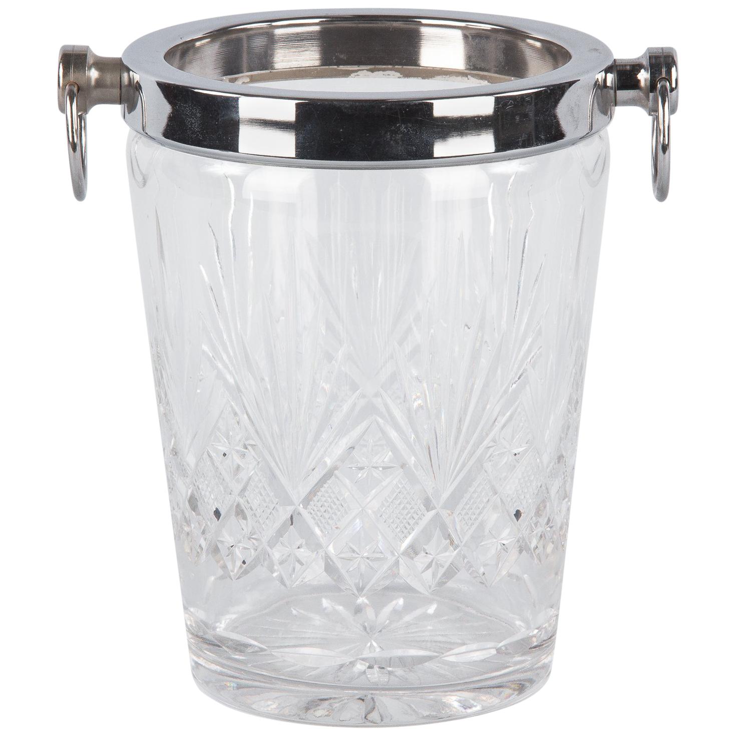 French Crystal and Silver Metal Ice Bucket, 1970s