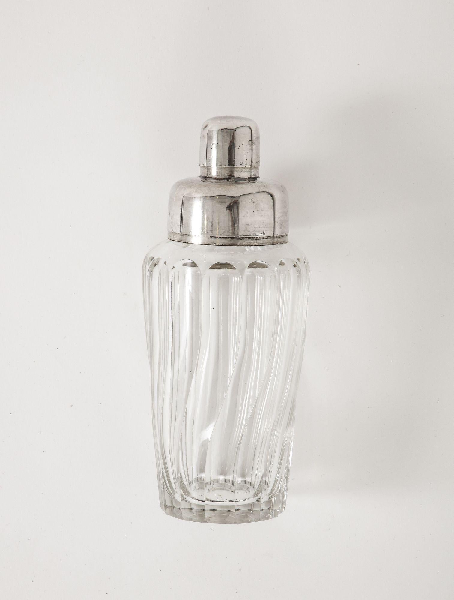 Art Deco French Crystal and Silver Plate Cocktail Shaker with twist form

