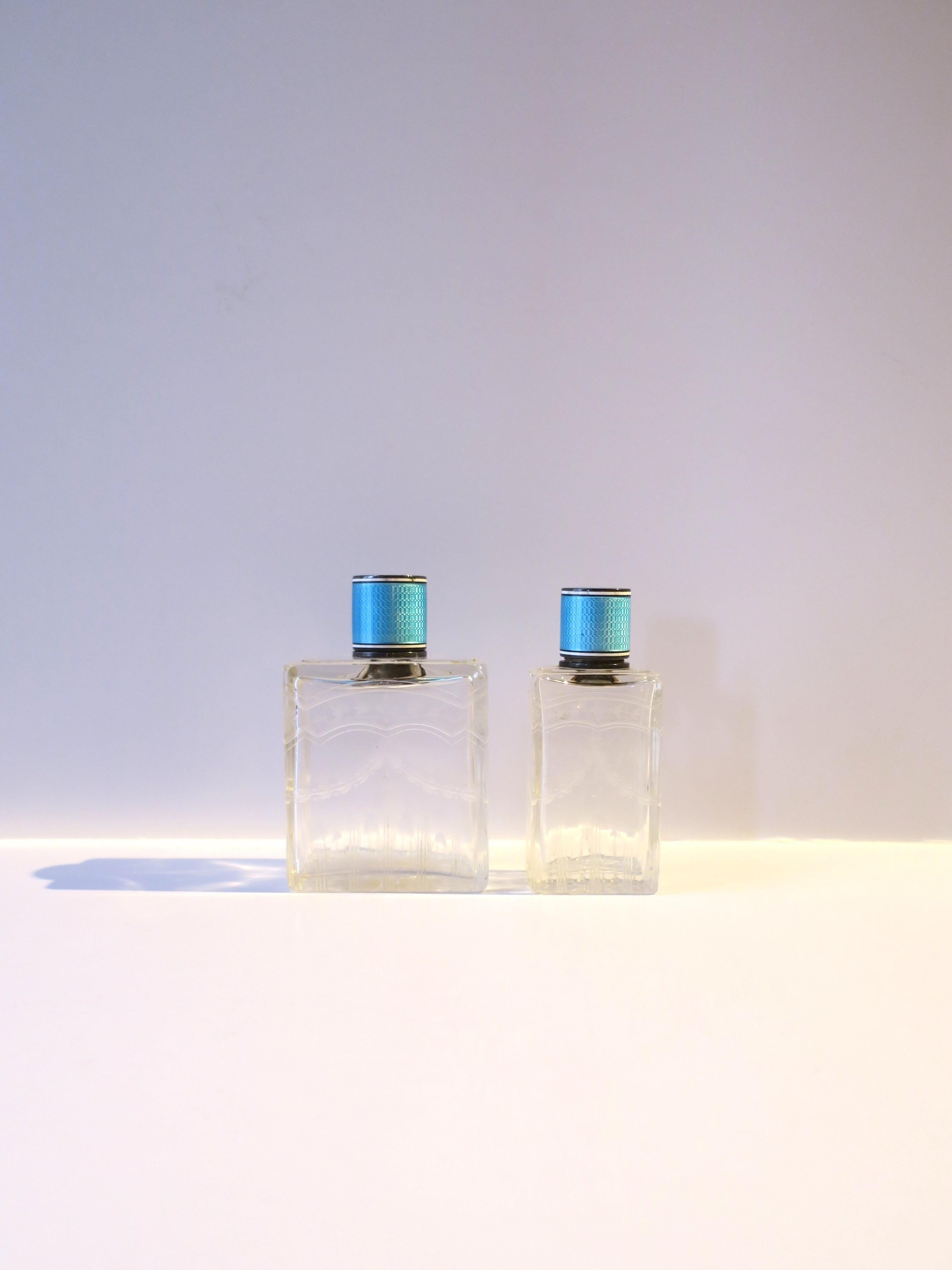 Etched French Crystal and Sterling Silver Guilloche Enamel Vanity Bottles, Pair/Set For Sale
