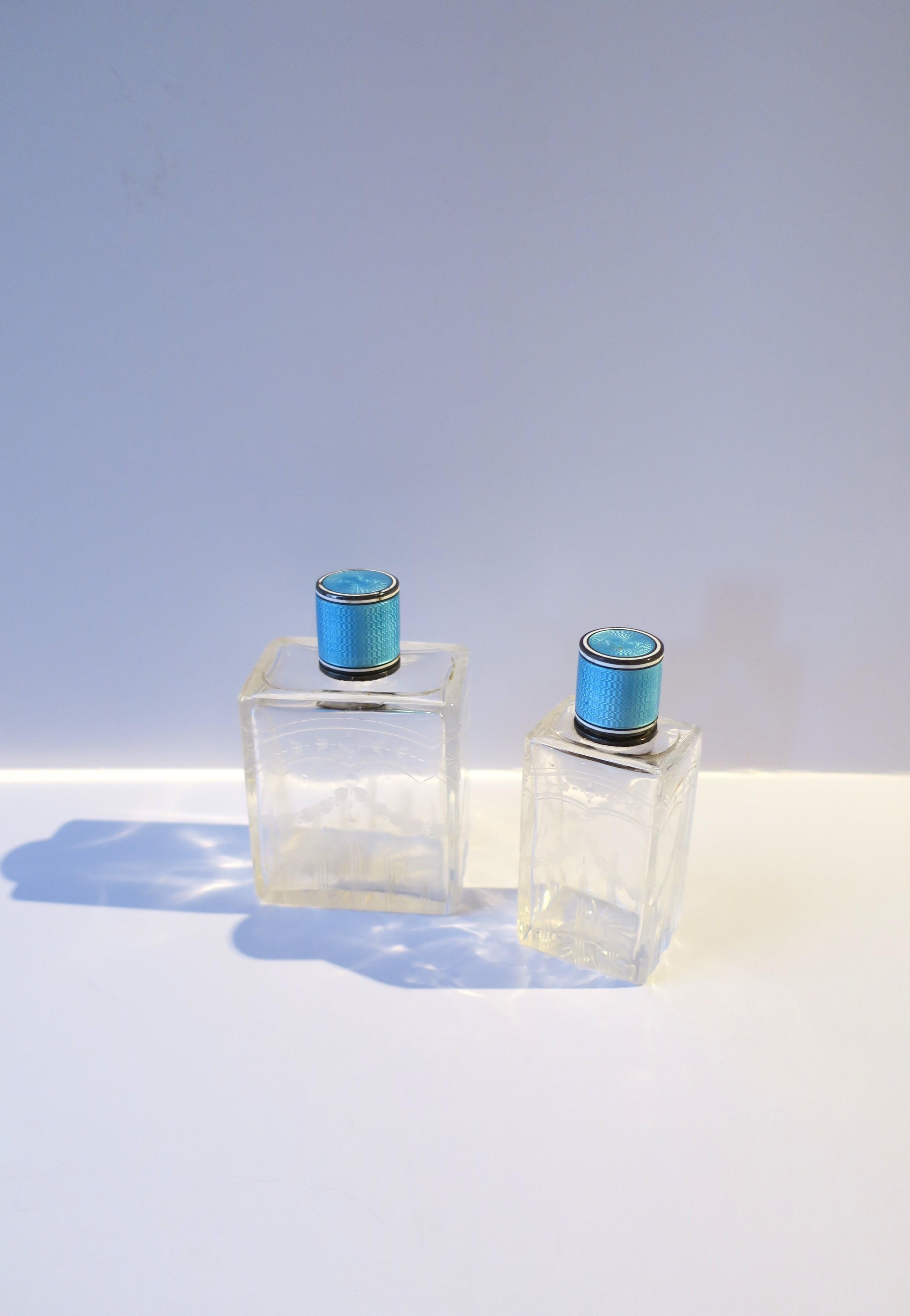 French Crystal and Sterling Silver Guilloche Enamel Vanity Bottles, Pair/Set In Good Condition For Sale In New York, NY