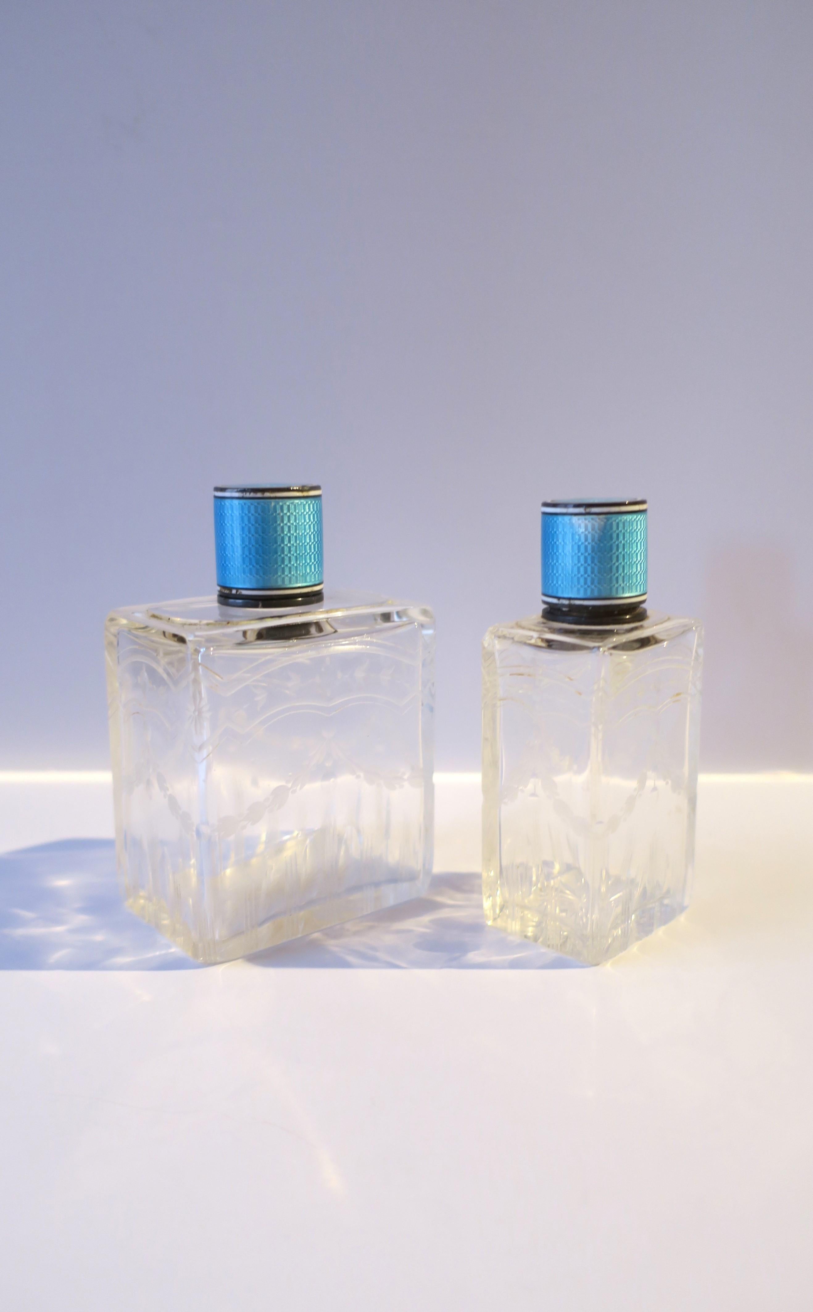 French Crystal and Sterling Silver Guilloche Enamel Vanity Bottles, Pair/Set For Sale 2