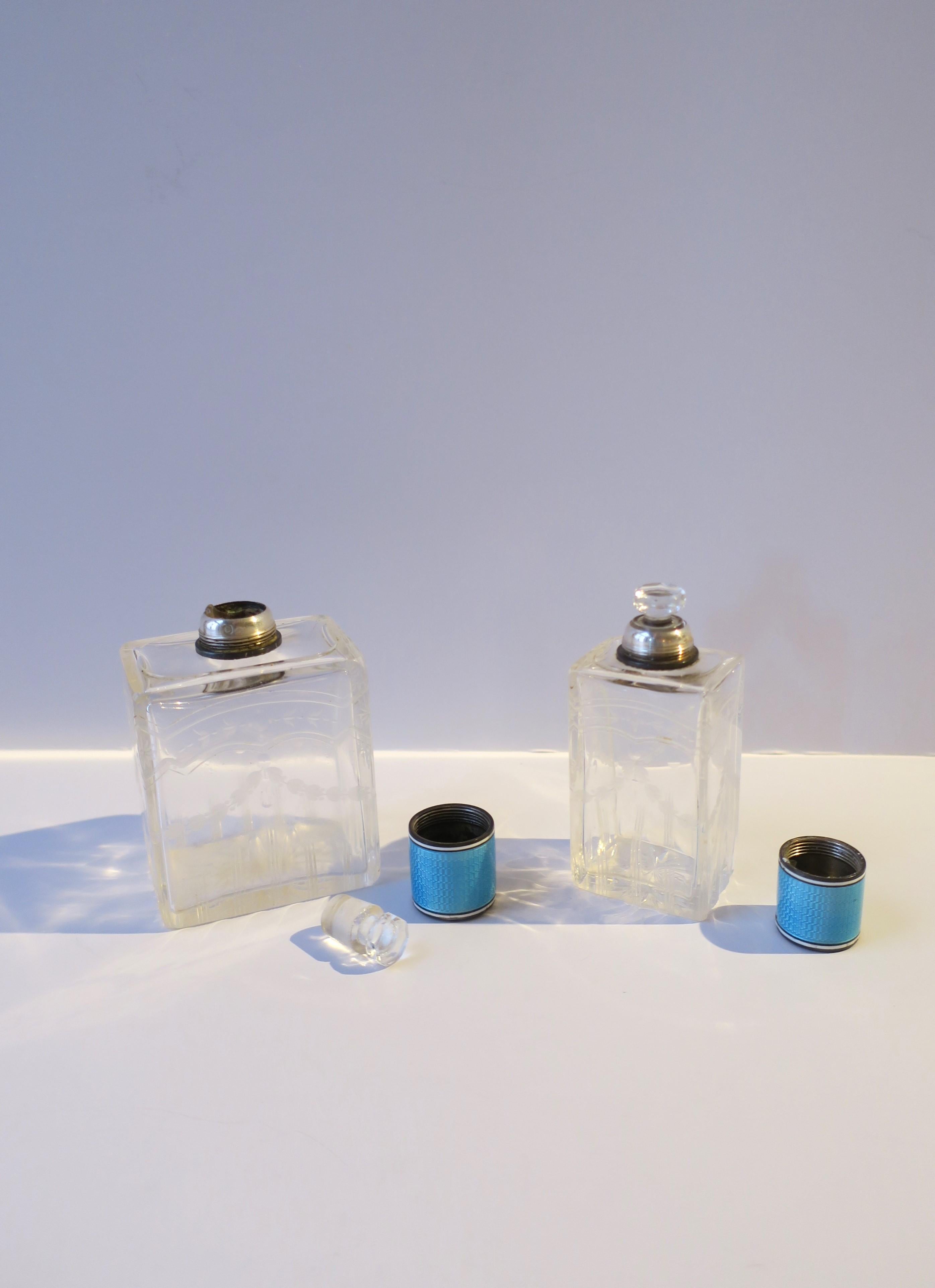 French Crystal and Sterling Silver Guilloche Enamel Vanity Bottles, Pair/Set For Sale 4