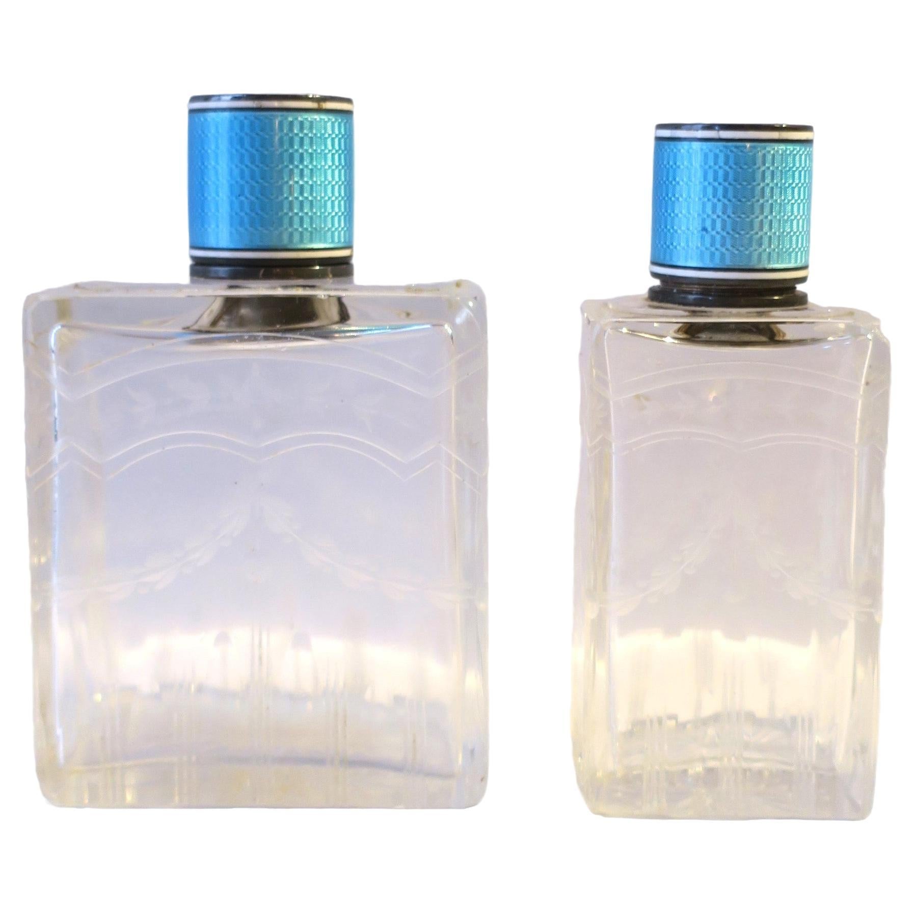French Crystal and Sterling Silver Guilloche Enamel Vanity Bottles, Pair/Set