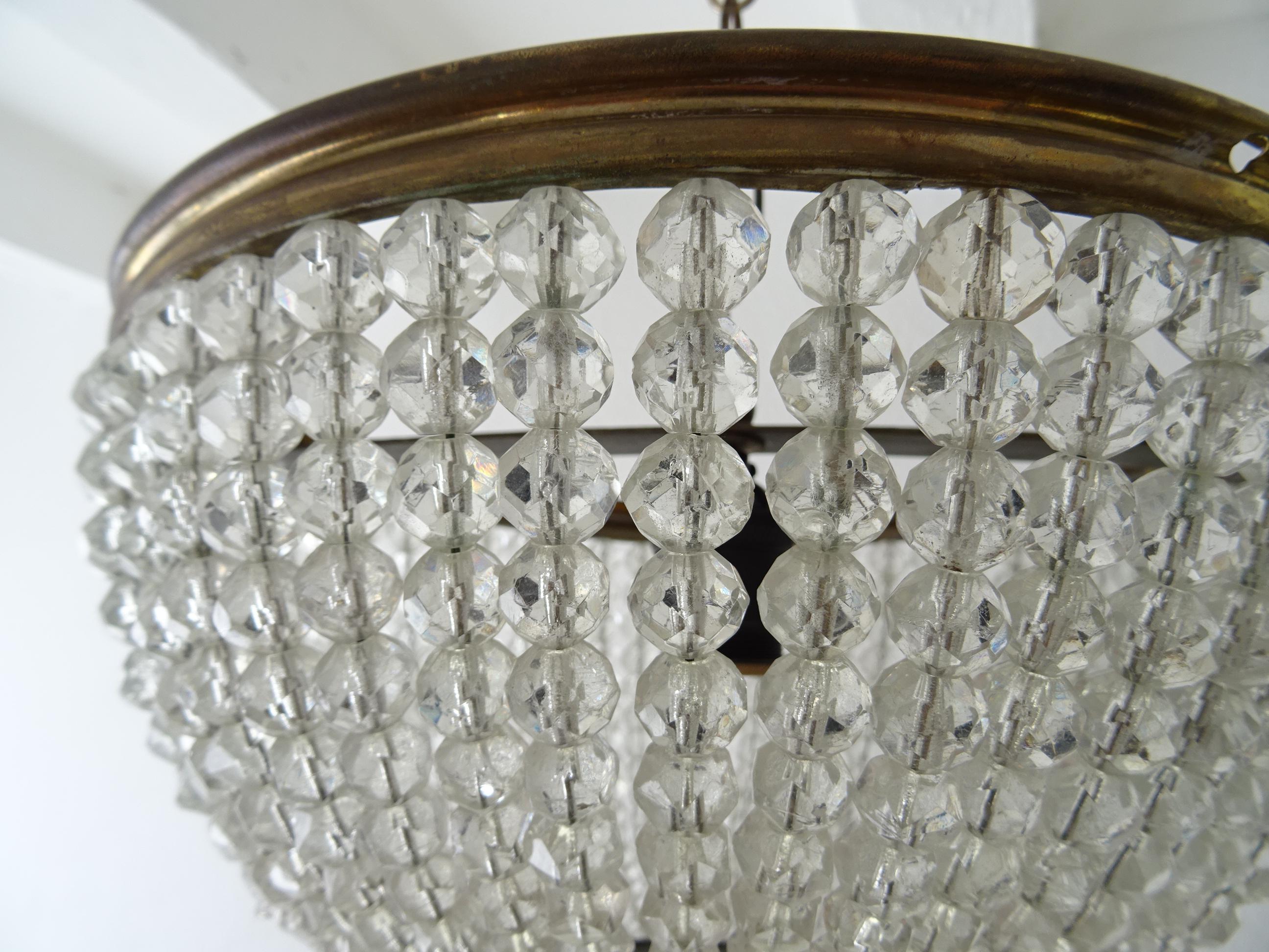 French Crystal Ball Beaded Flush Mount Dome Gold Chandelier, circa 1940 In Good Condition For Sale In Modena (MO), Modena (Mo)