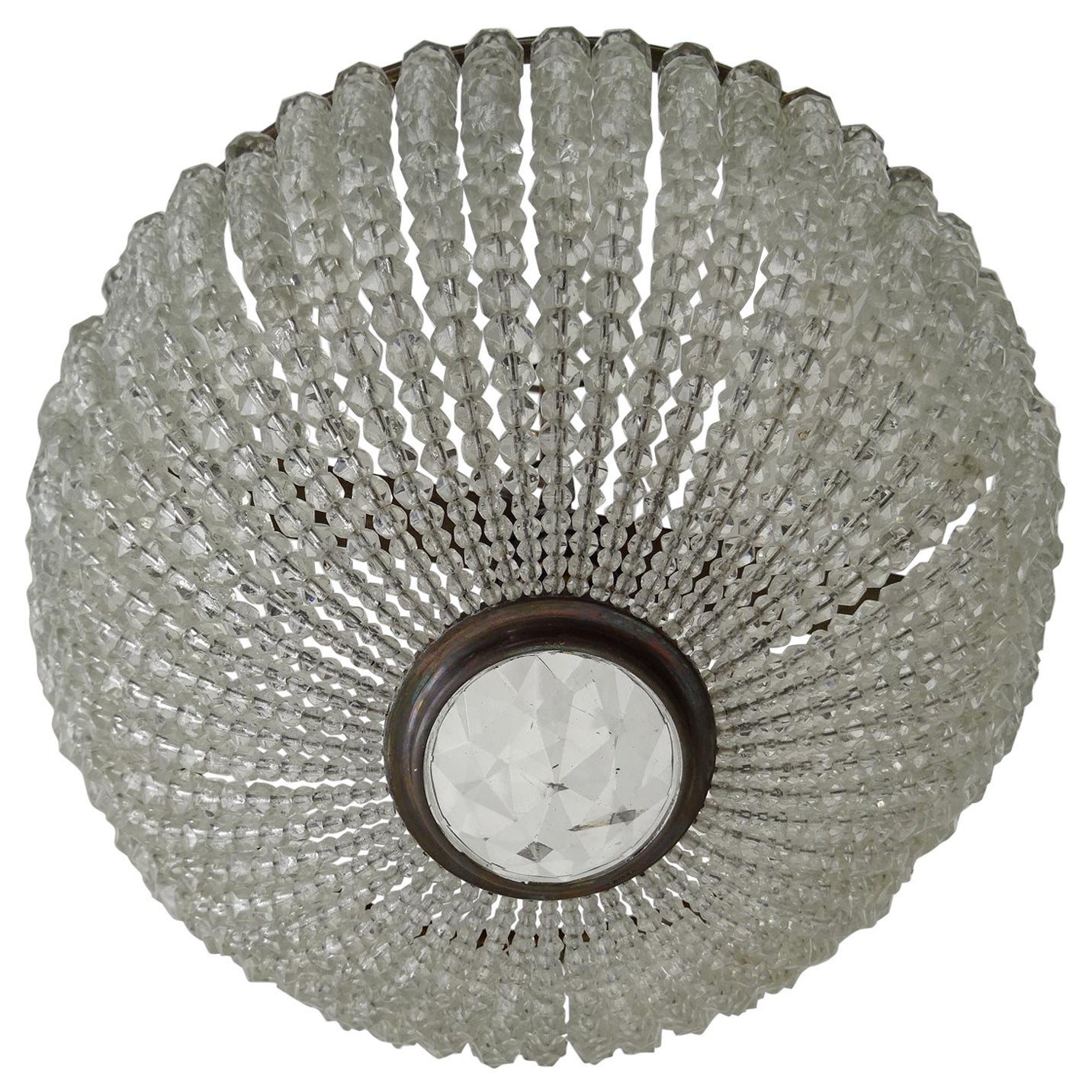 French Crystal Ball Beaded Flush Mount Dome Gold Chandelier, circa 1940