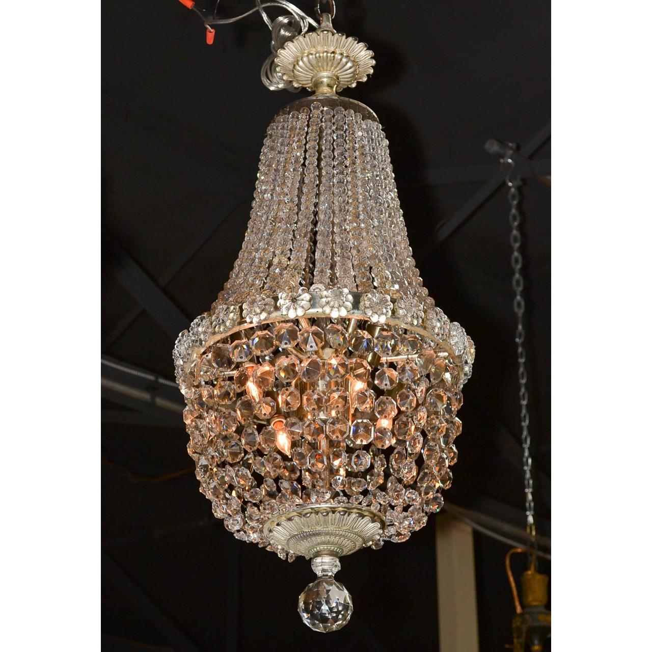 French Crystal Basket Form Chandelier, circa 1920 In Good Condition In Dallas, TX