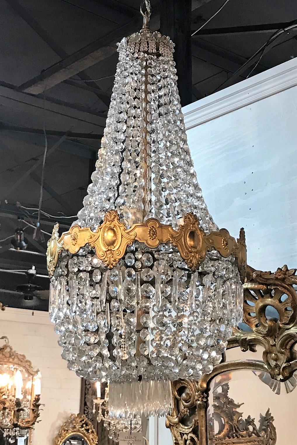 French Crystal Basket-Form Chandelier In Good Condition In Dallas, TX