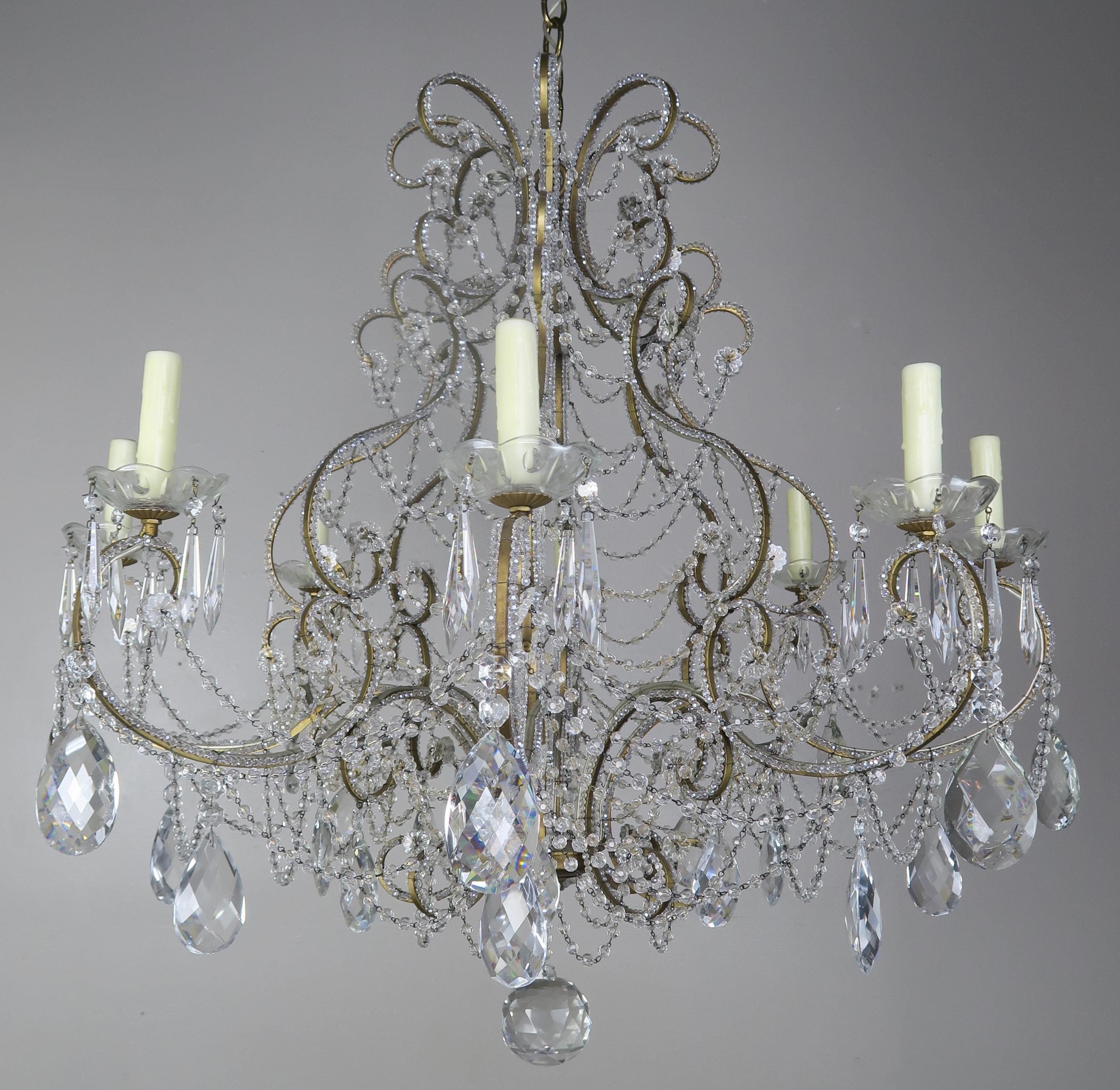Metal French Crystal Beaded 8-Arm Chandelier, 20th Century