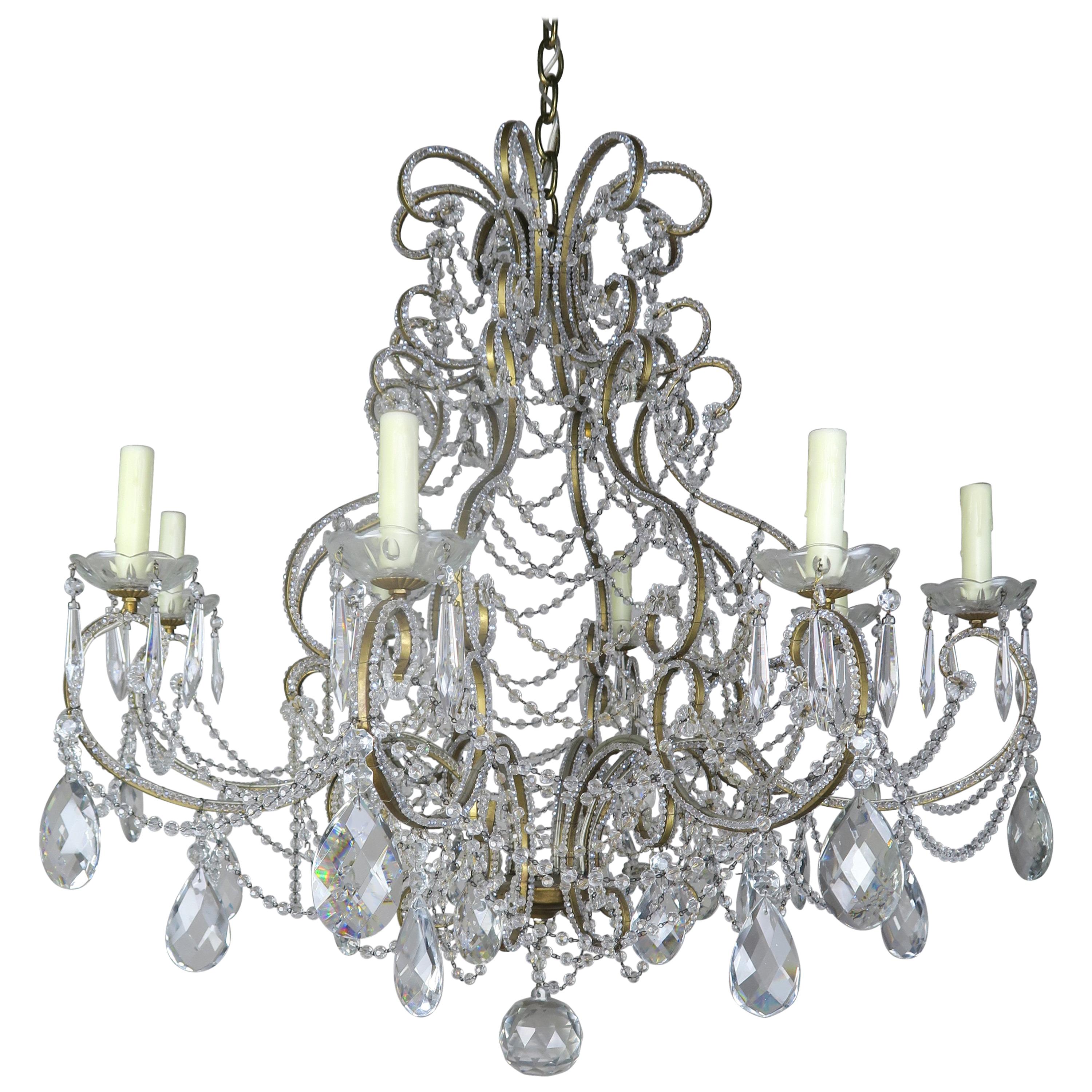 French Crystal Beaded 8-Arm Chandelier, 20th Century