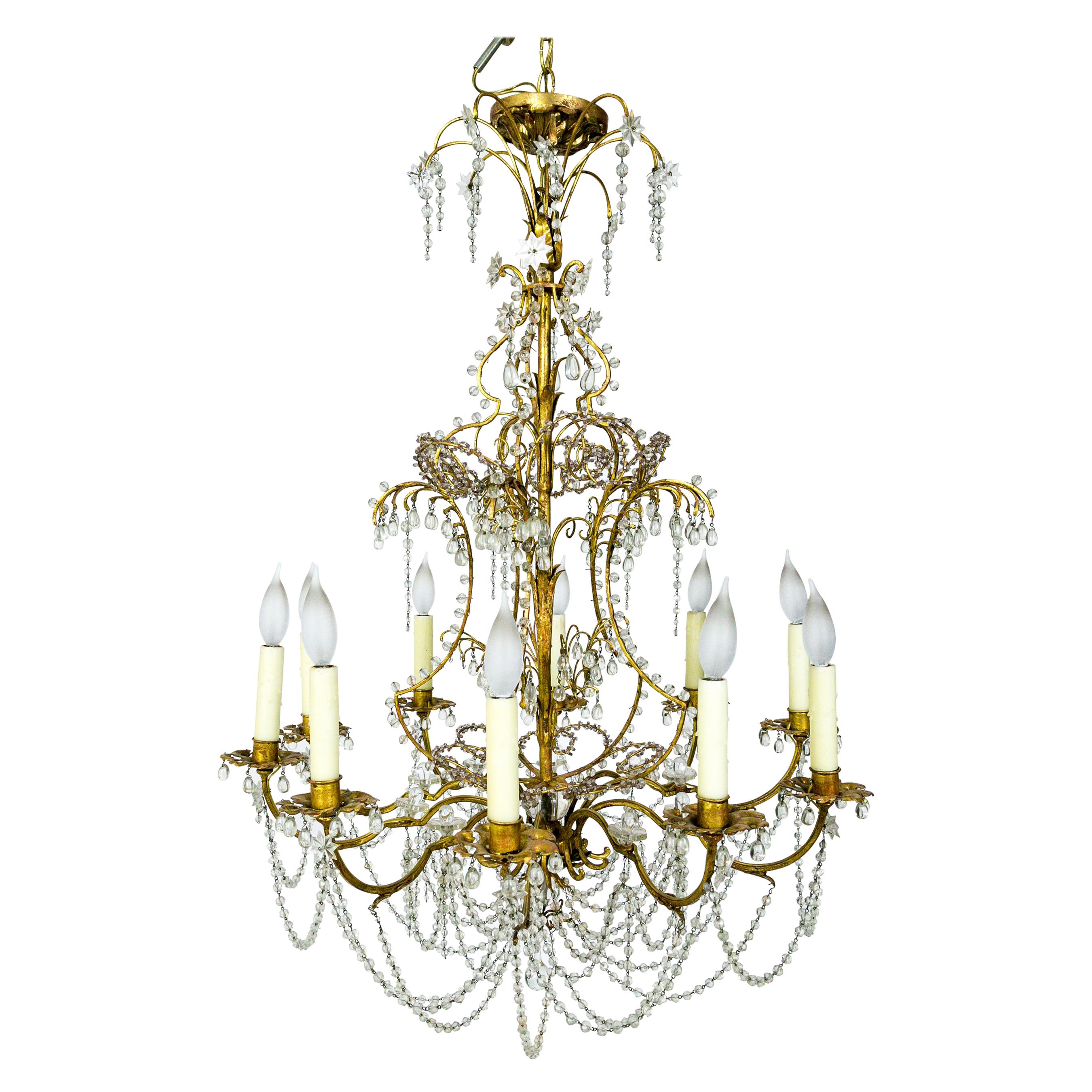 French Crystal Beaded and Brass Curls Chandelier
