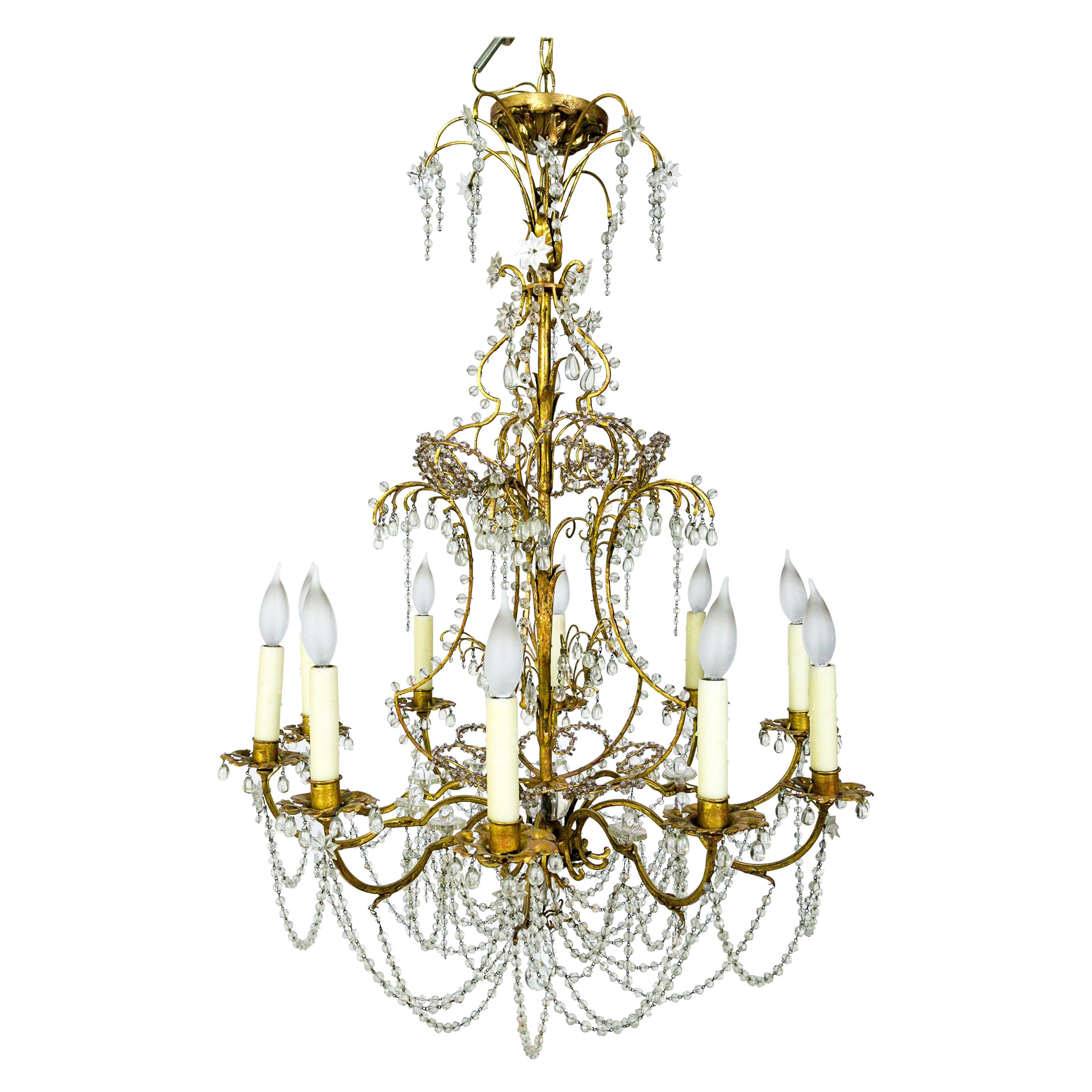Crystal Bead and Brass Dome Chandelier For Sale at 1stDibs