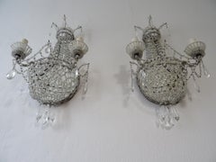 French Crystal Beaded Basket with Prisms and Mirrors Sconces, circa 1940 RARE