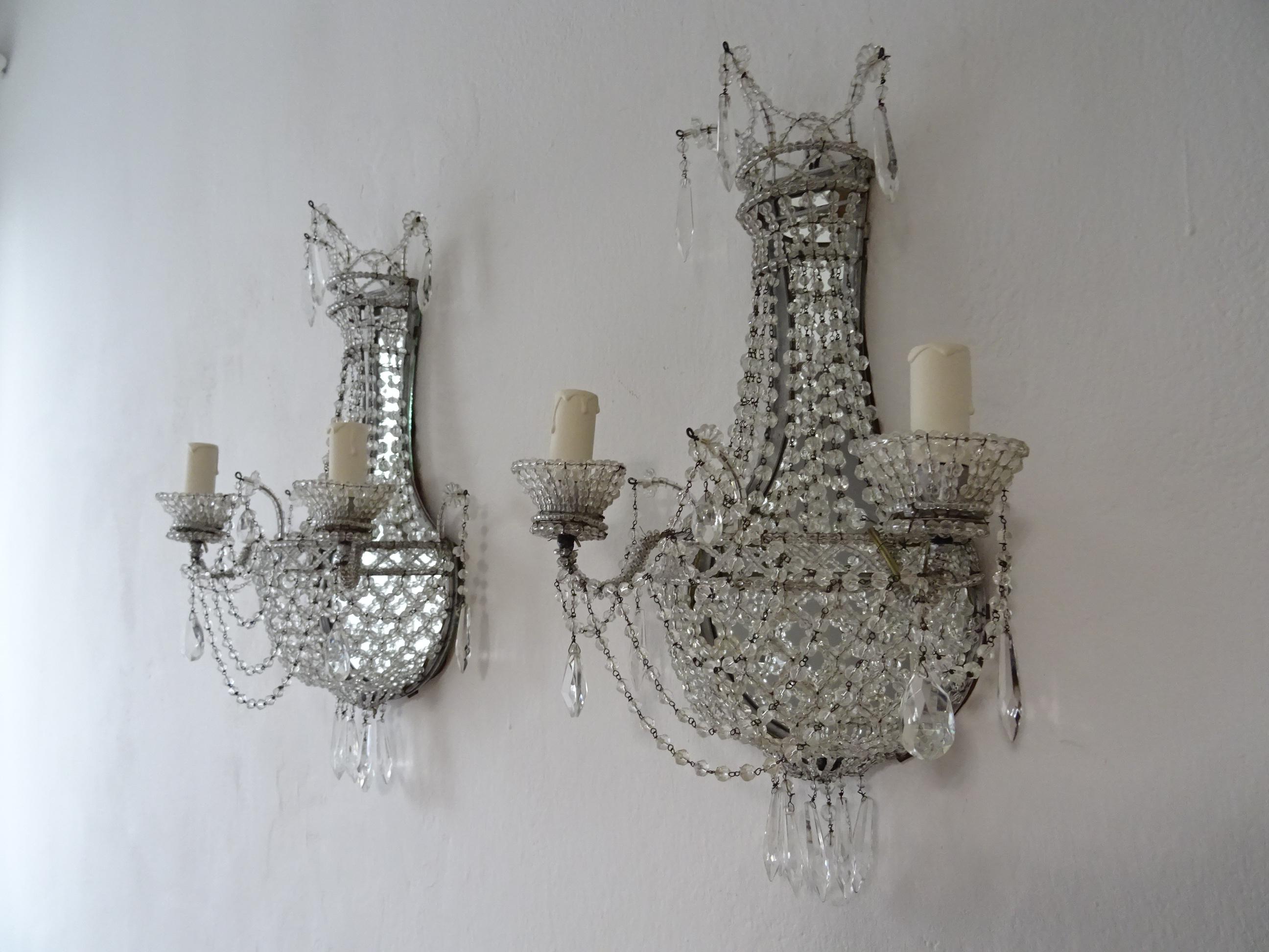 Italian French Crystal Beaded Basket with Prisms and Mirrors Sconces, circa 1940 For Sale