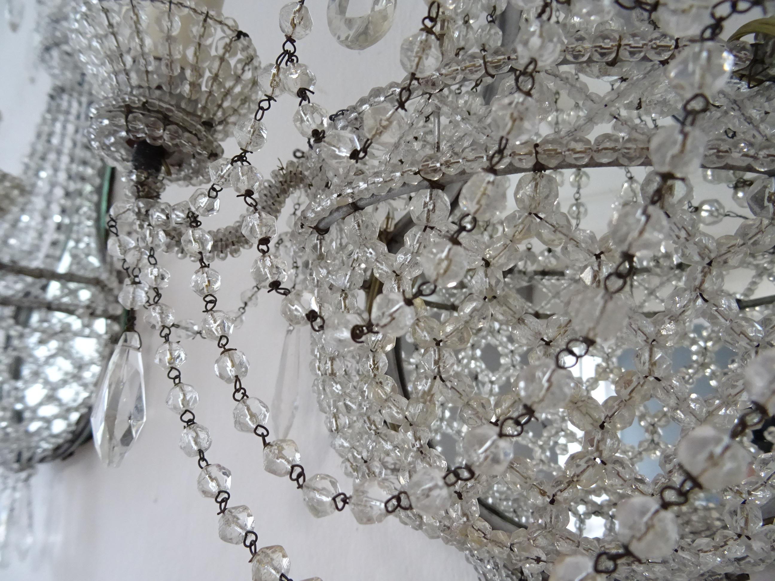 French Crystal Beaded Basket with Prisms and Mirrors Sconces, circa 1940 For Sale 4