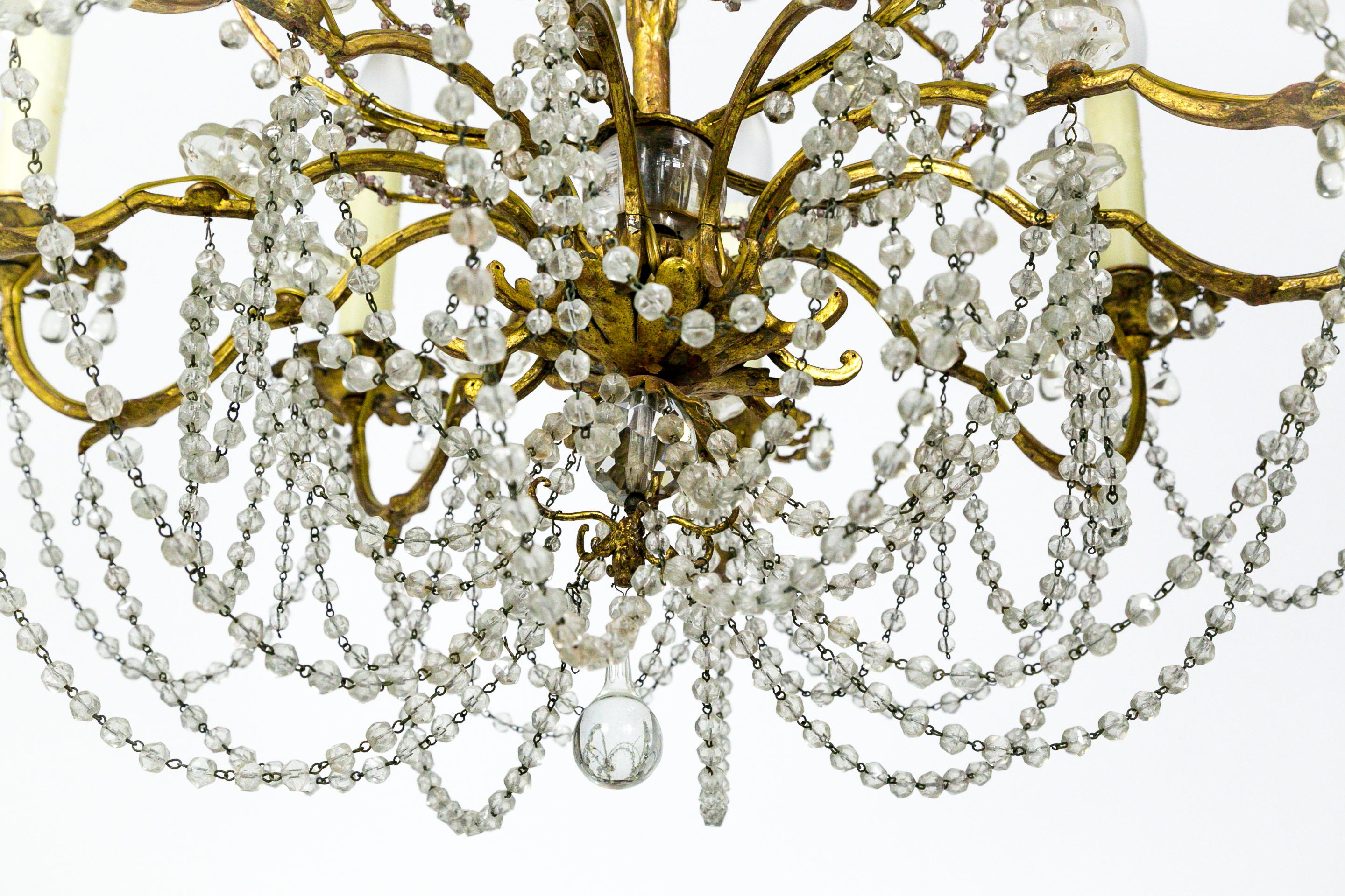 French Crystal Beaded and Brass Curls Chandelier In Good Condition In San Francisco, CA