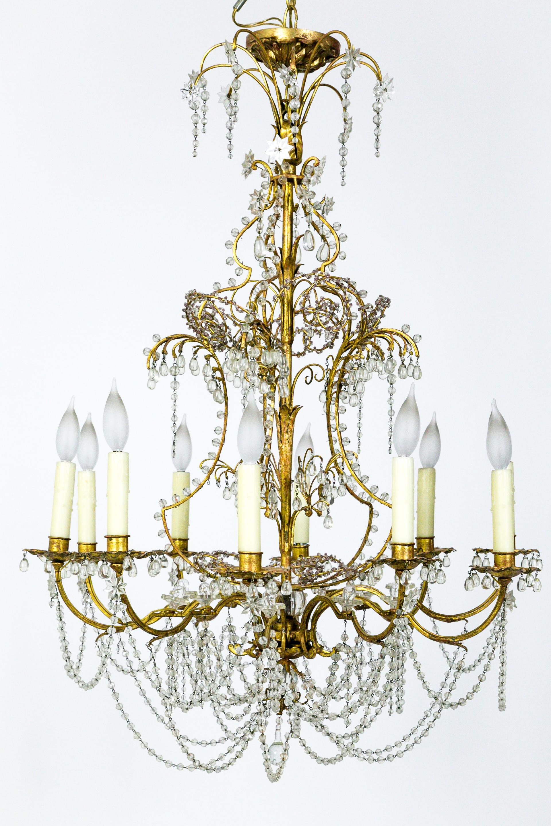 French Crystal Beaded and Brass Curls Chandelier 1