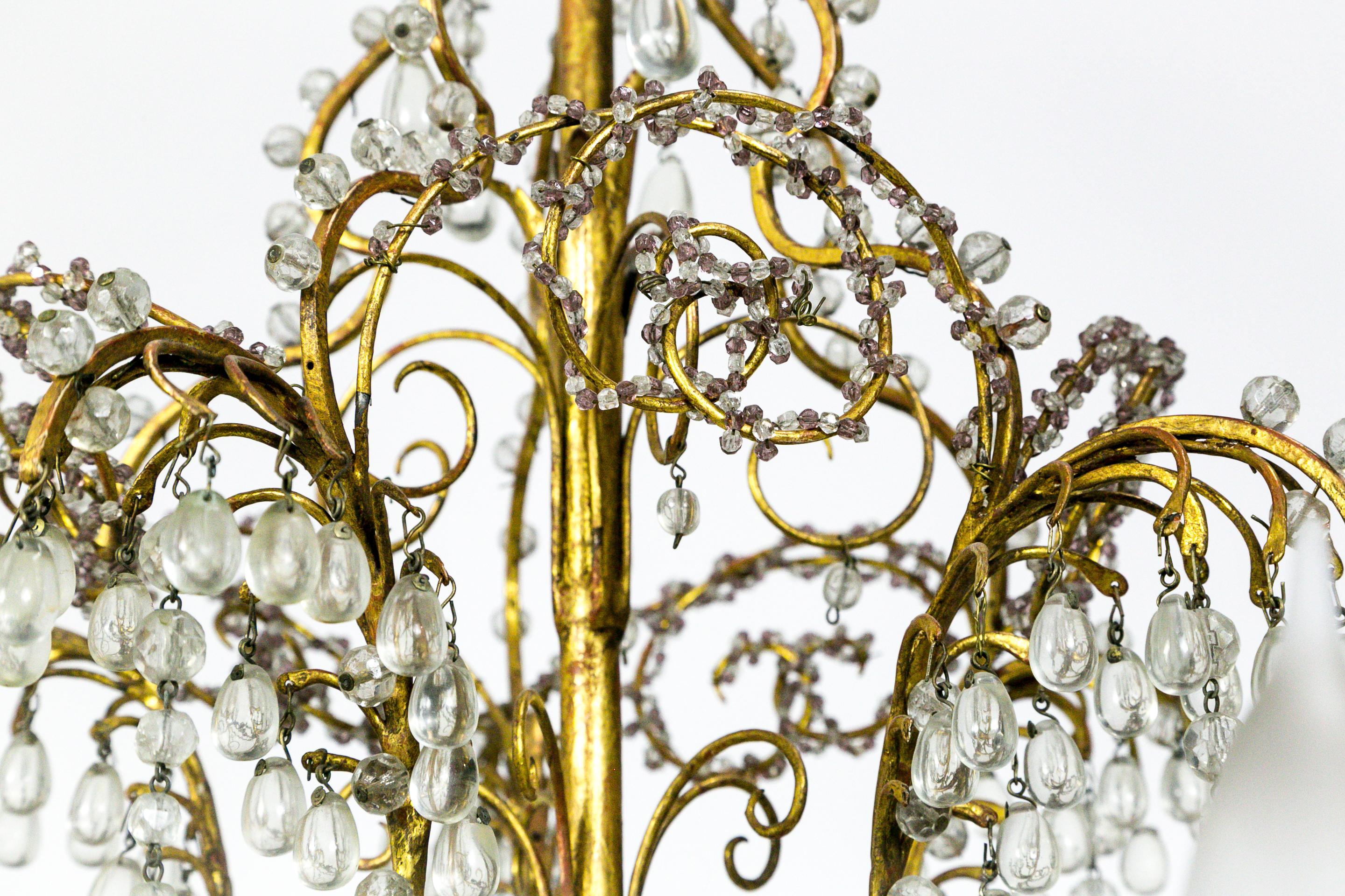 French Crystal Beaded and Brass Curls Chandelier 2