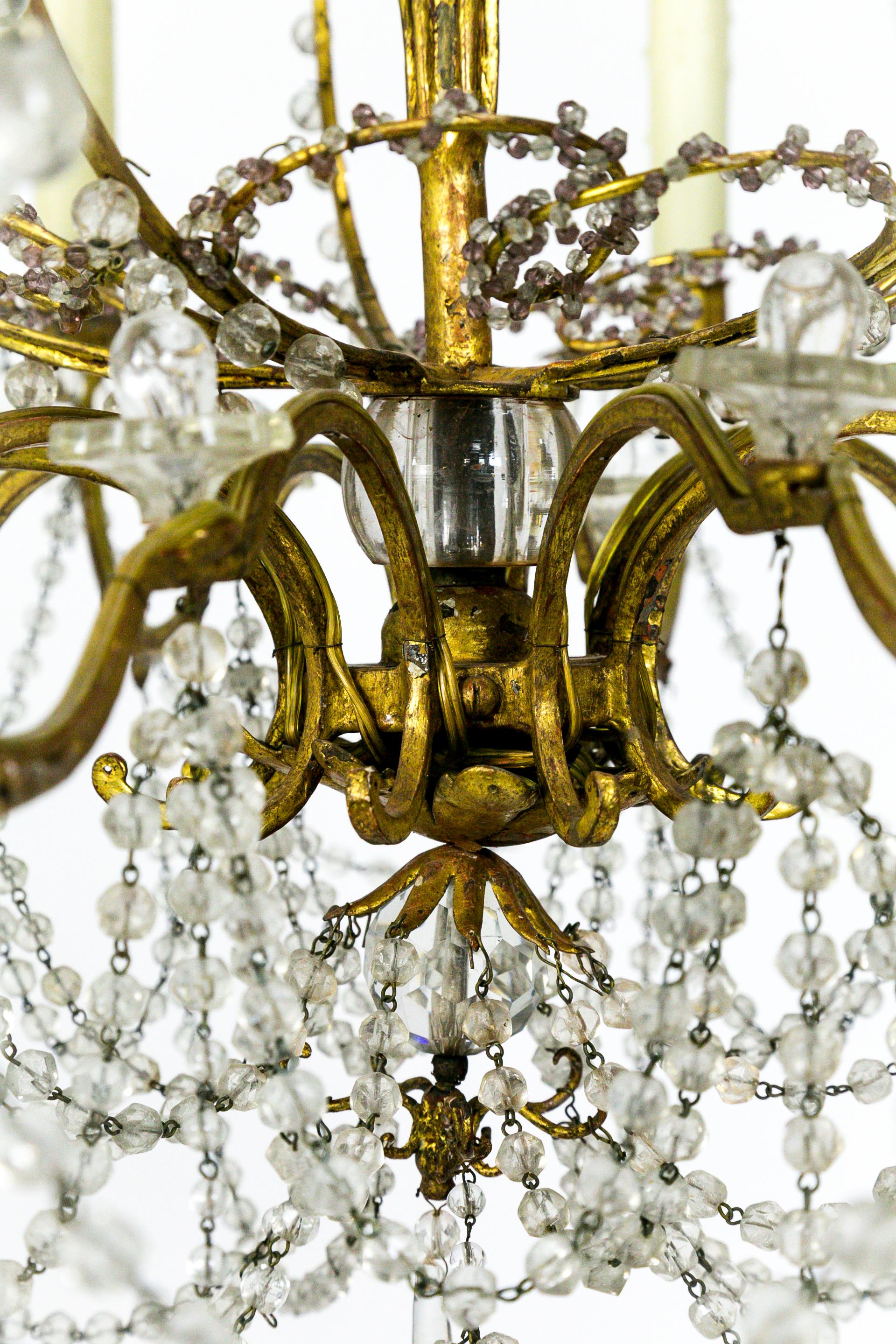 French Crystal Beaded and Brass Curls Chandelier 3