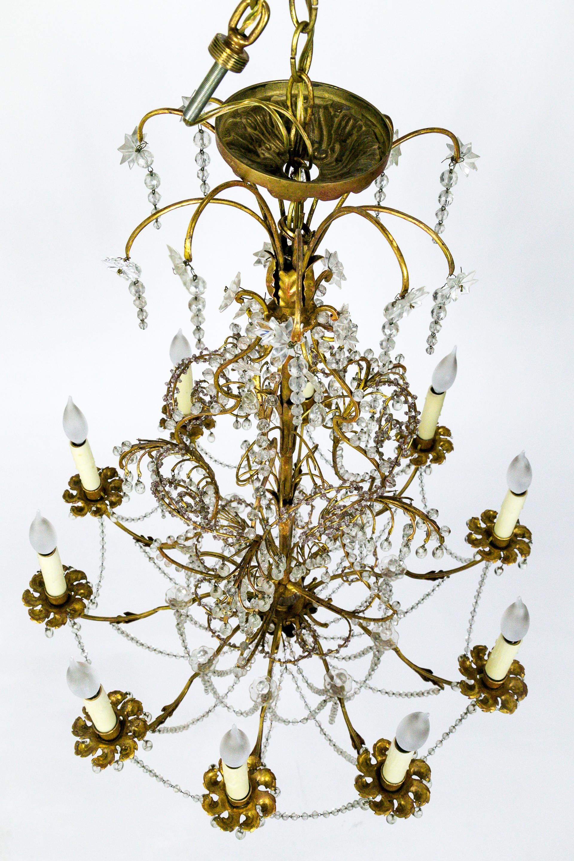 French Crystal Beaded and Brass Curls Chandelier 4