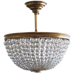 French Crystal Beaded Ceiling Fixture Brass Mounts, 1900-1910, Flushmount