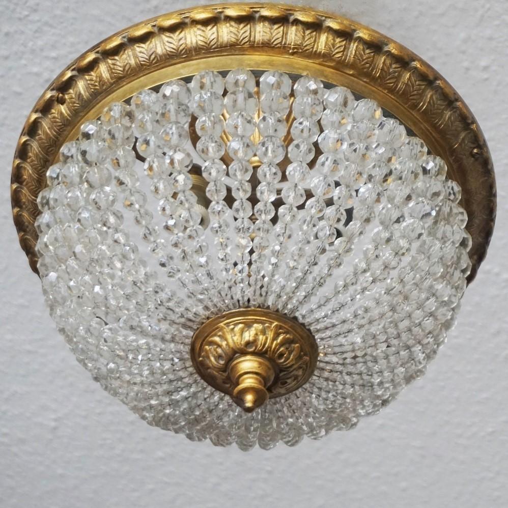 Empire French Crystal Beaded Ceiling Fixture Gilt Bronze Mounts, 1900-1910, Flushmount