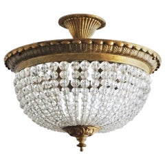 Antique French Crystal Beaded Ceiling Fixture Gilt Bronze Mounts, 1900-1910, Flushmount