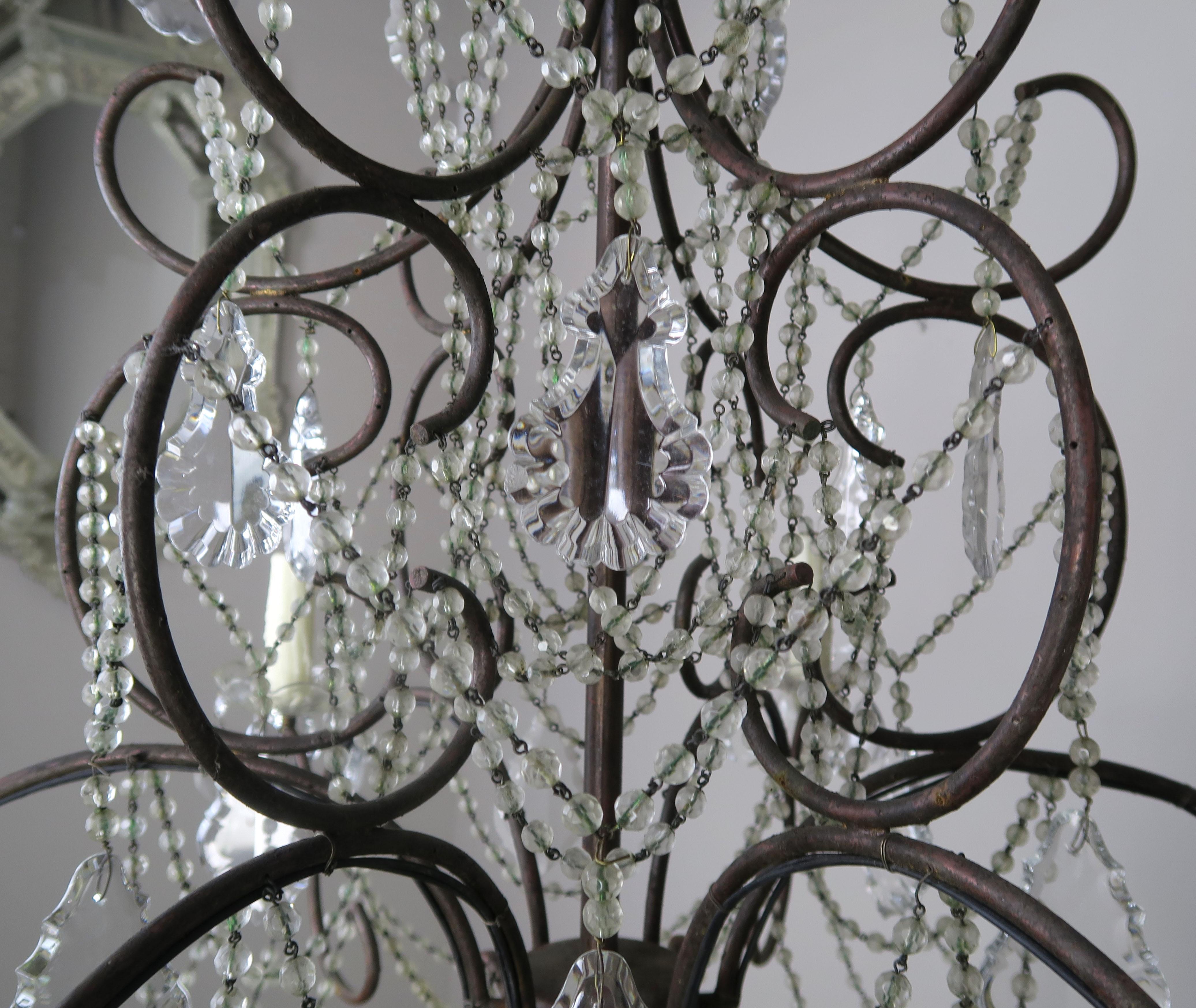 French Crystal Beaded Chandelier, circa 1940s In Distressed Condition In Los Angeles, CA