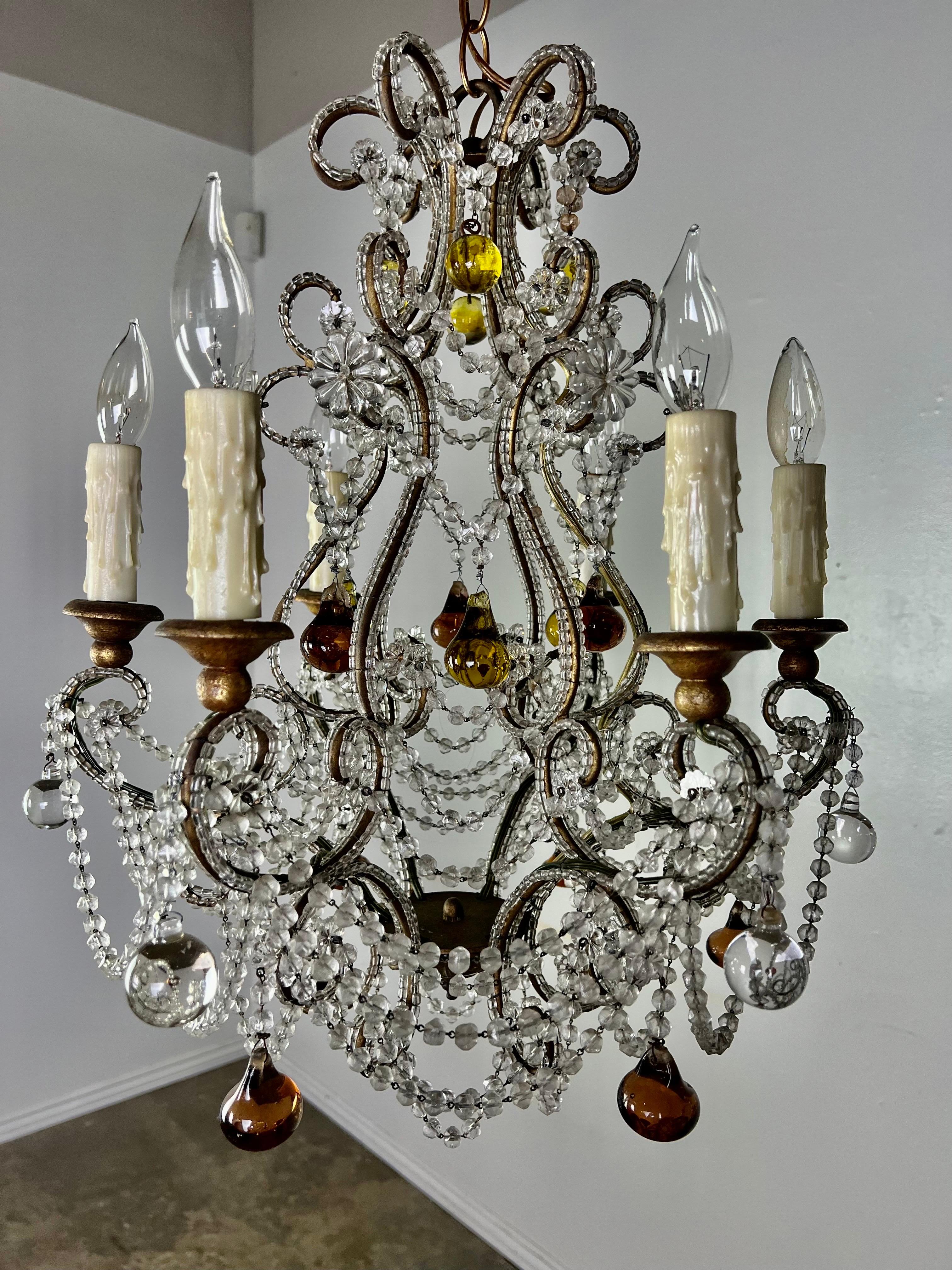 Lustre français en perles de cristal avec gouttes d'ambre, vers 1930 en vente 5