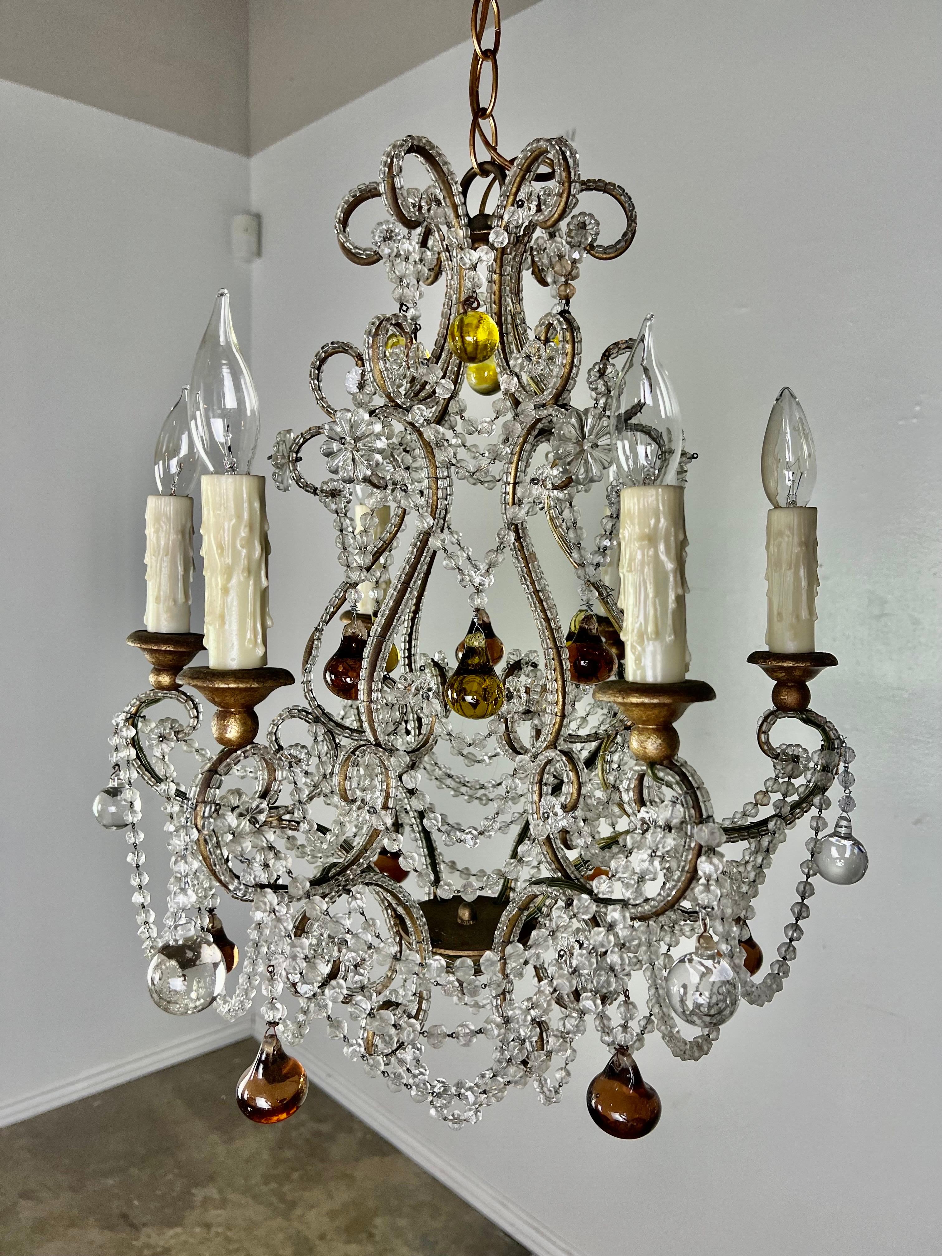 French Crystal Beaded Chandelier W/ Amber Drops, circa 1930 For Sale 9