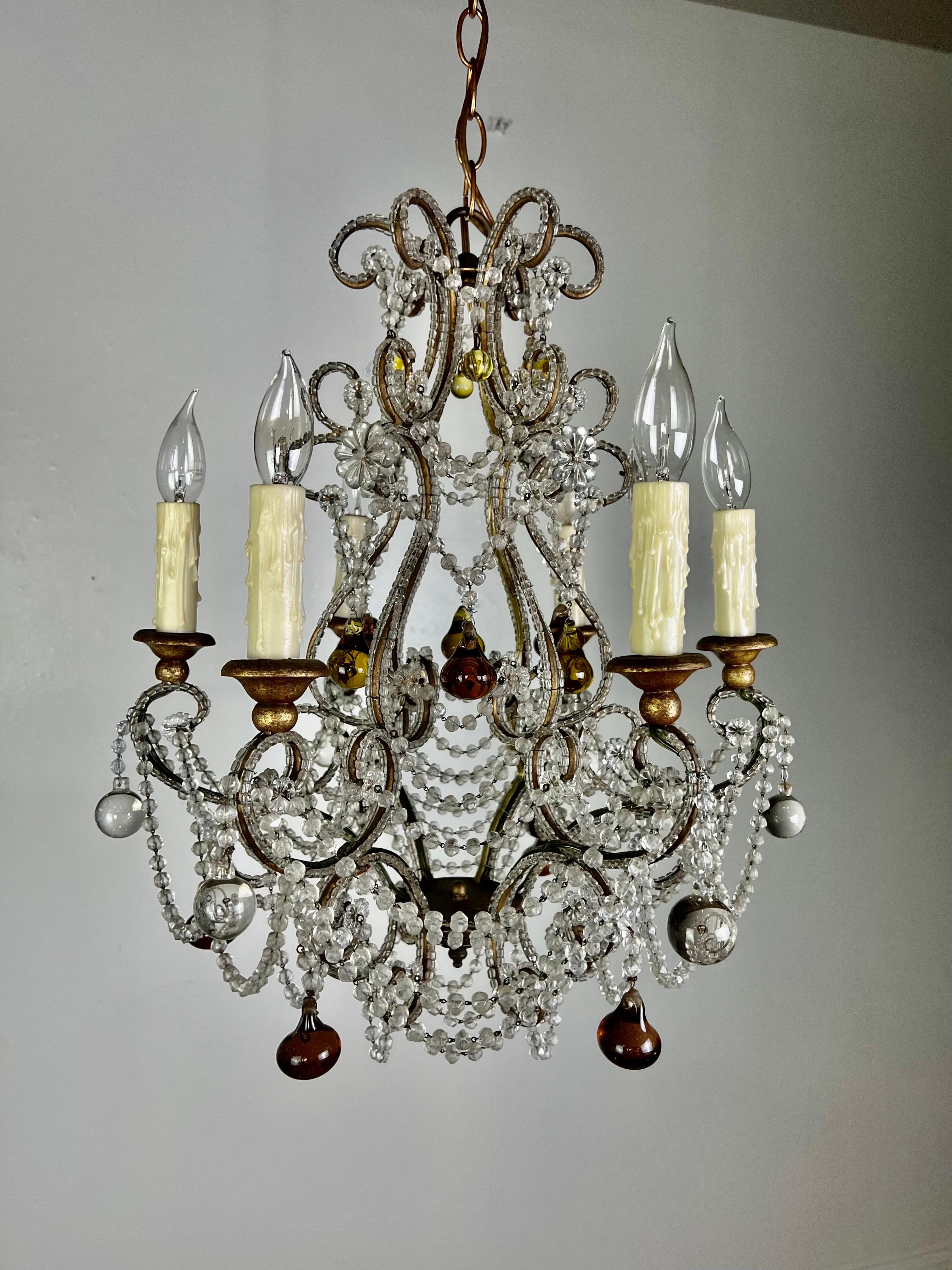 French Crystal Beaded Chandelier W/ Amber Drops, circa 1930 For Sale 10