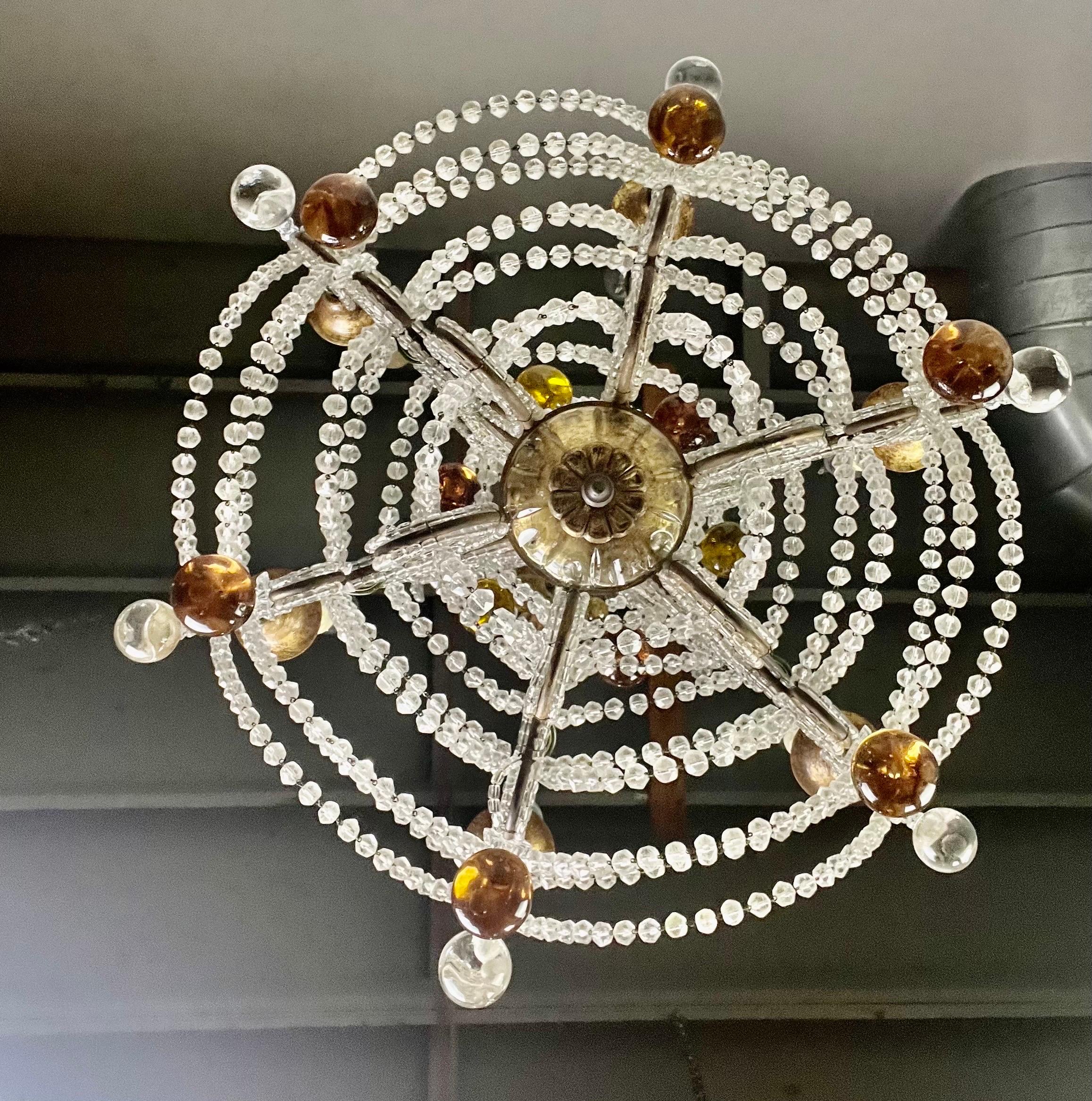 Rococo French Crystal Beaded Chandelier W/ Amber Drops, circa 1930 For Sale