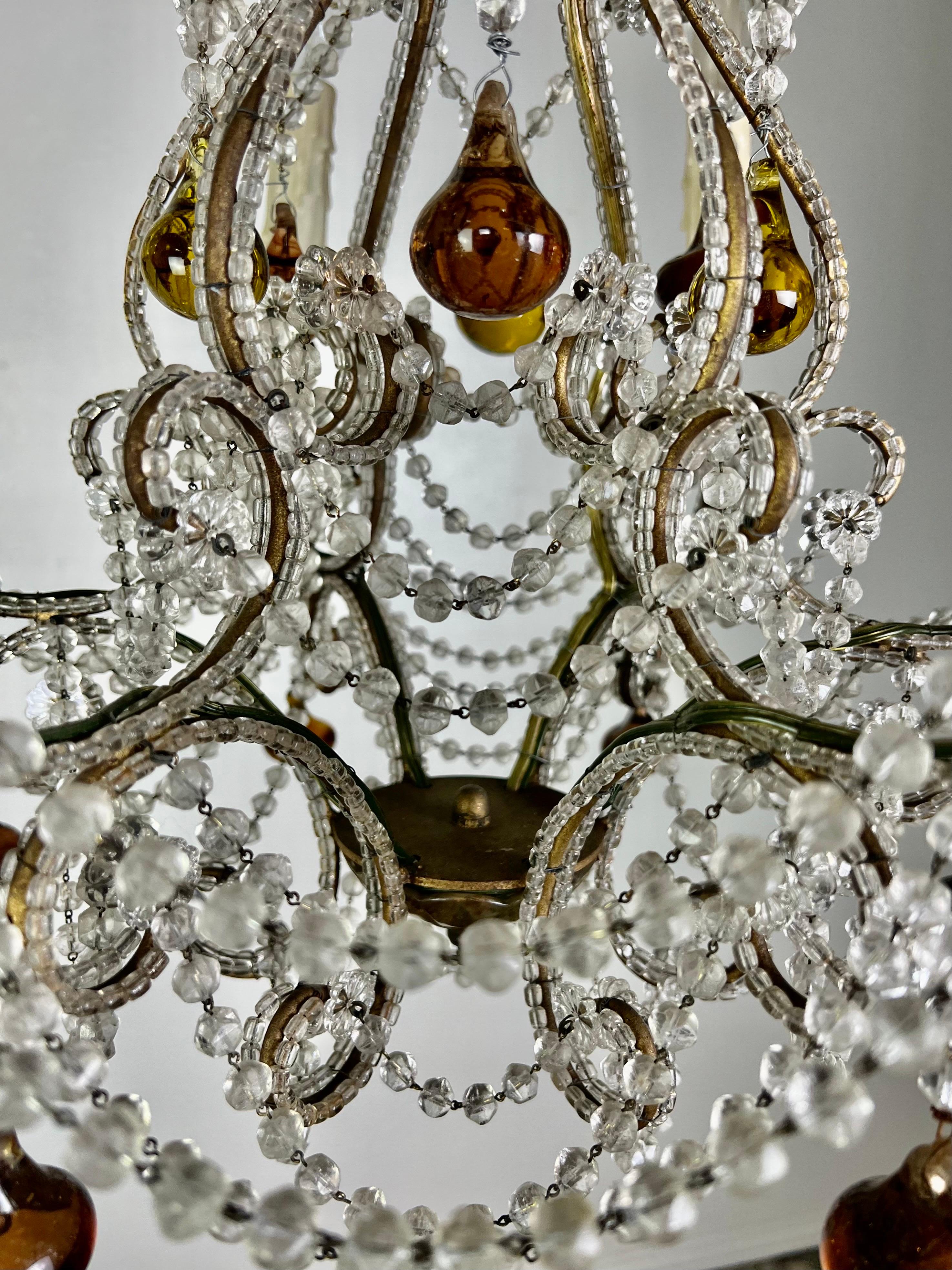 French Crystal Beaded Chandelier W/ Amber Drops, circa 1930 In Excellent Condition For Sale In Los Angeles, CA