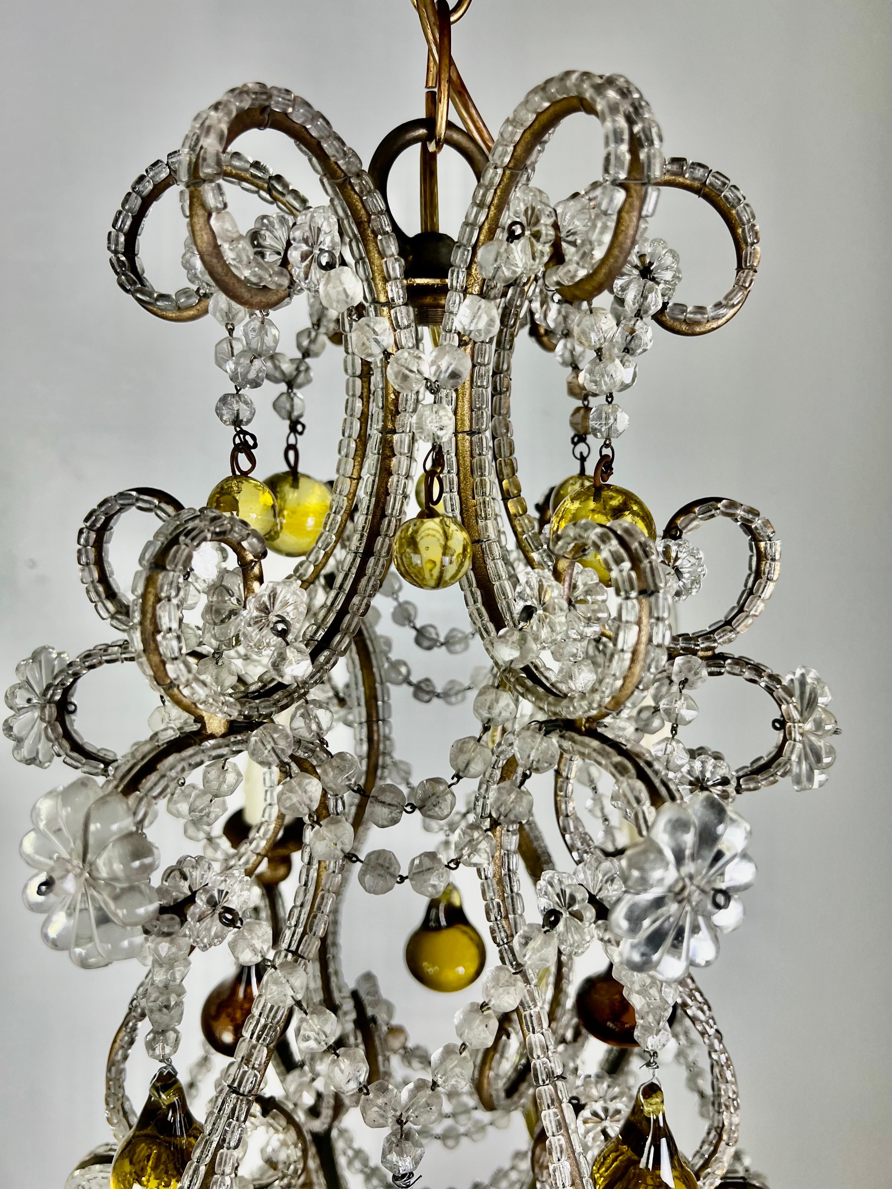 Mid-20th Century French Crystal Beaded Chandelier W/ Amber Drops, circa 1930 For Sale