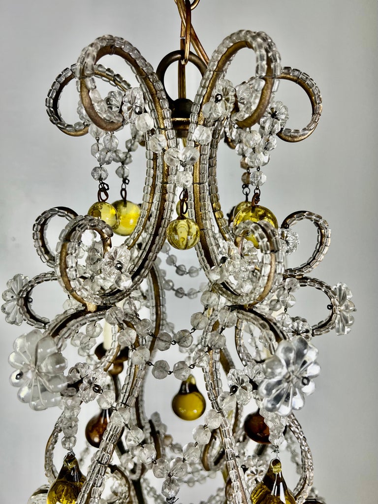 French Crystal Beaded Chandelier W/ Amber Drops, circa 1930 For Sale at