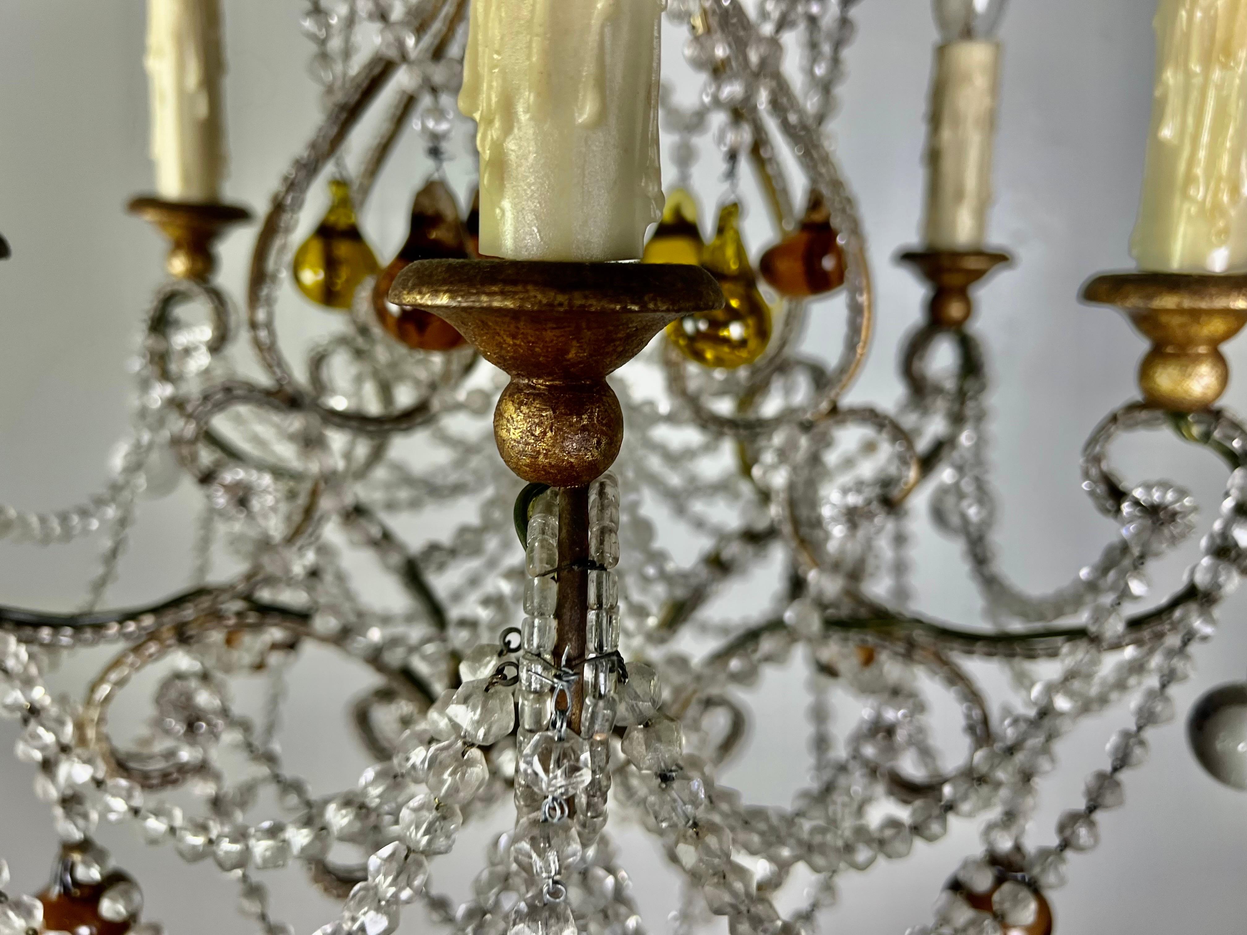 Cristal Lustre français en perles de cristal avec gouttes d'ambre, vers 1930 en vente