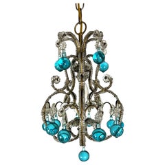 French Crystal Beaded Chandelier w/ Aqua Drops C. 1920