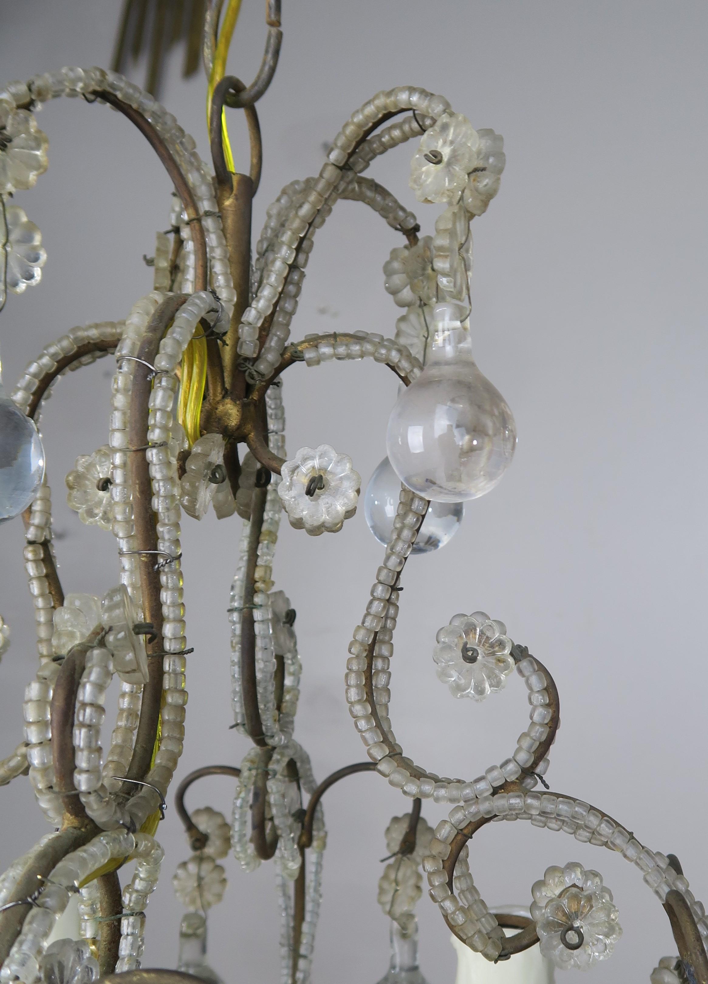 Mid-20th Century French Crystal Beaded Chandelier with Clear Drops, circa 1930s