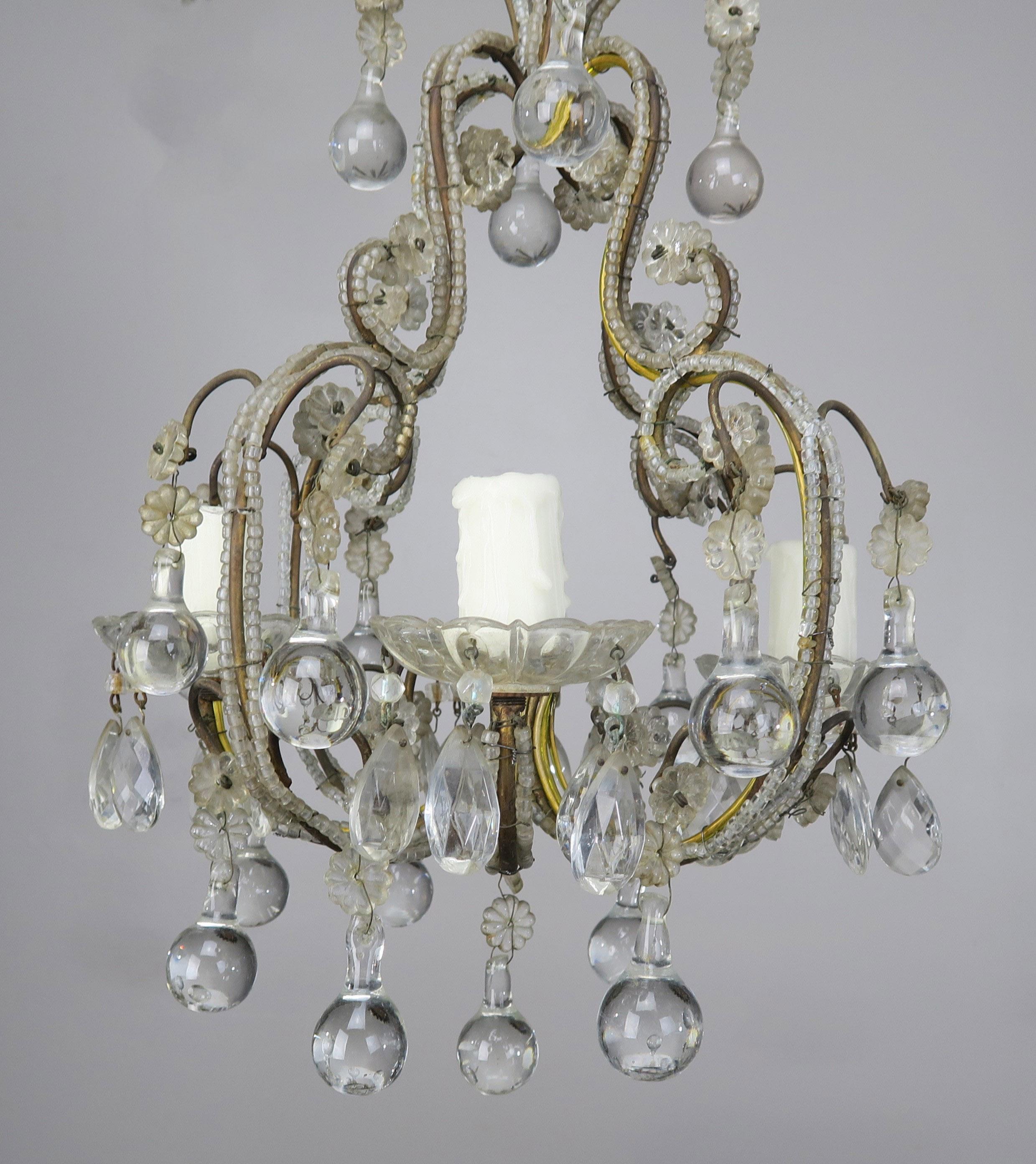 French Crystal Beaded Chandelier with Clear Drops, circa 1930s 1