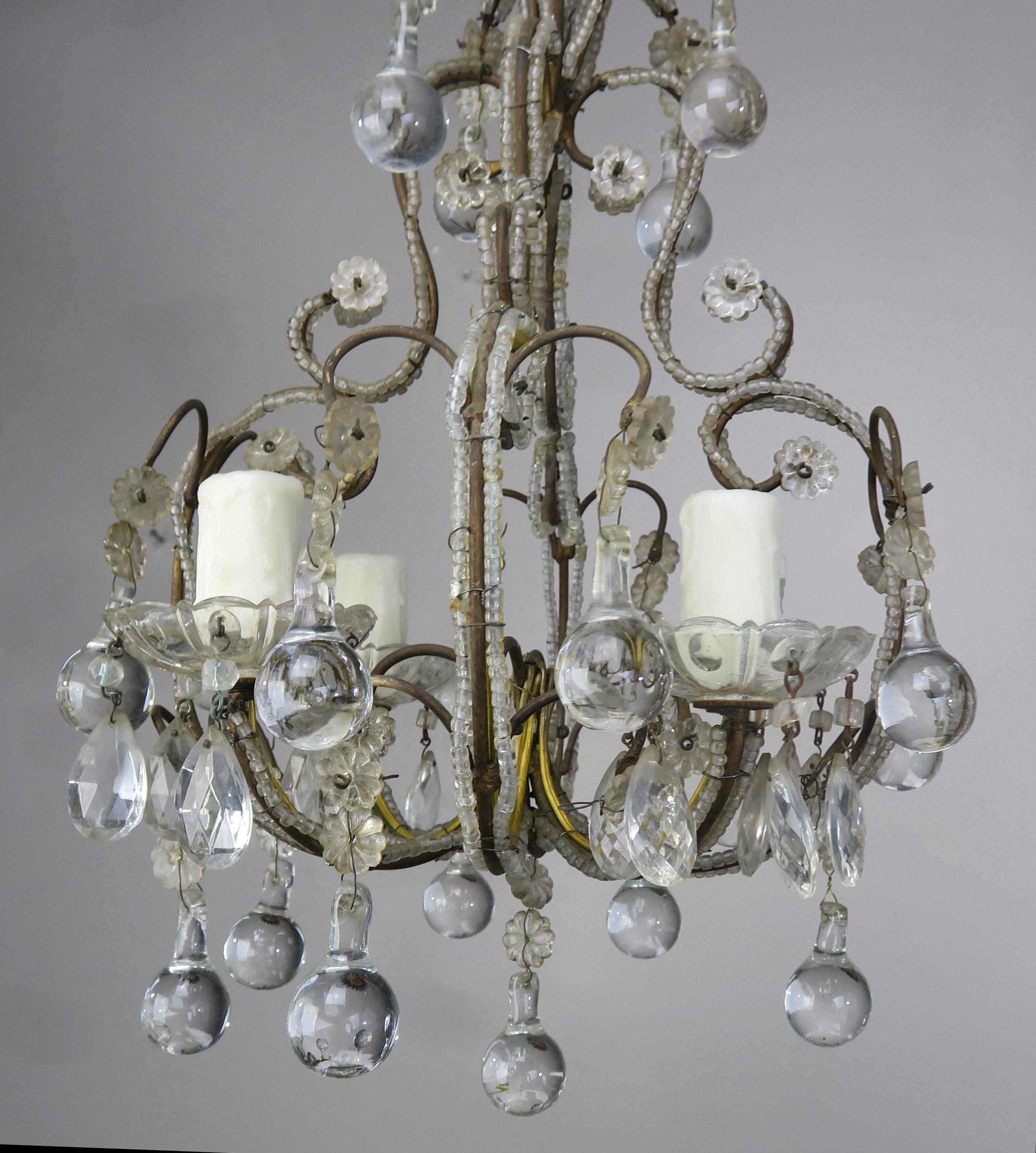 French Crystal Beaded Chandelier with Clear Drops, circa 1930s 2