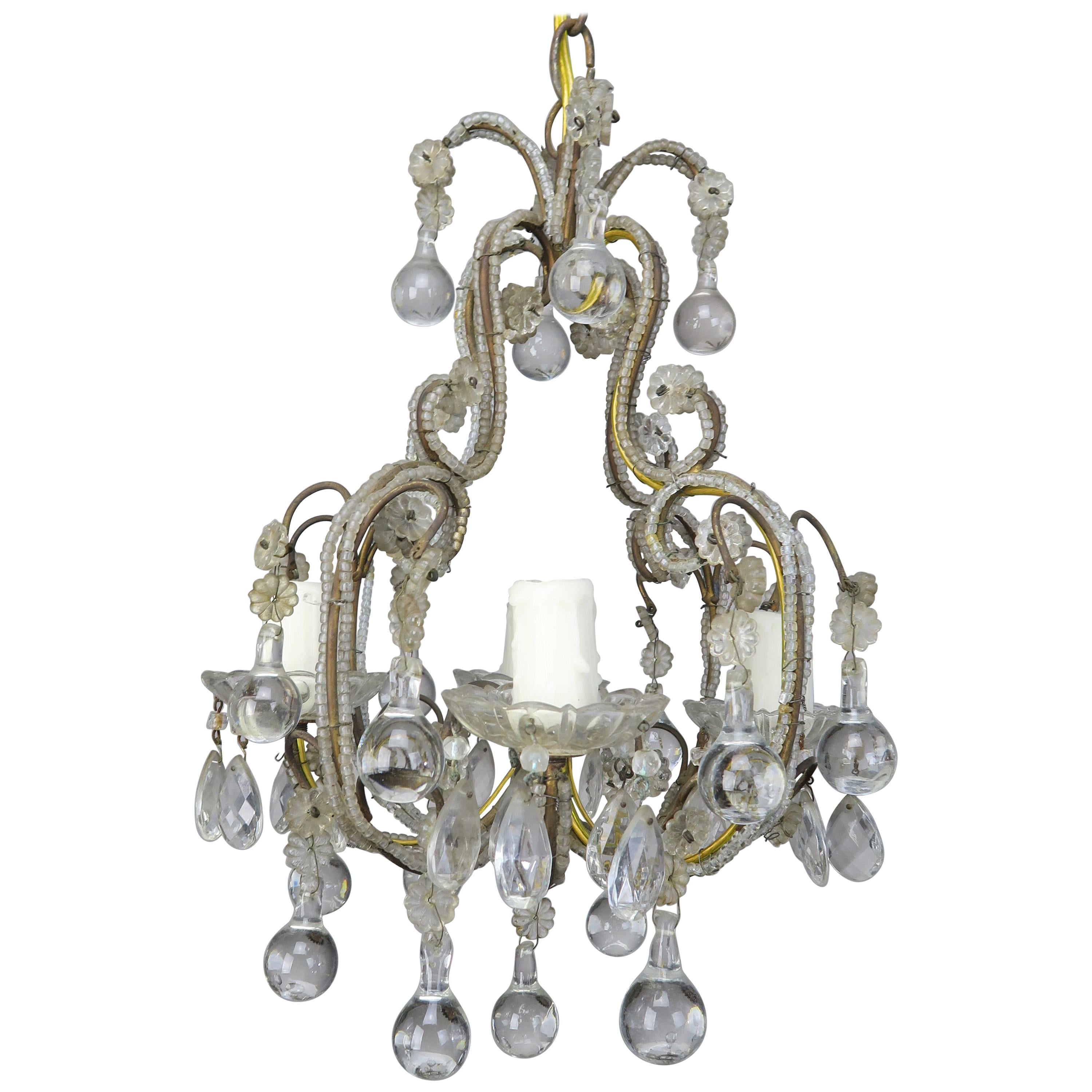 French Crystal Beaded Chandelier with Clear Drops, circa 1930s