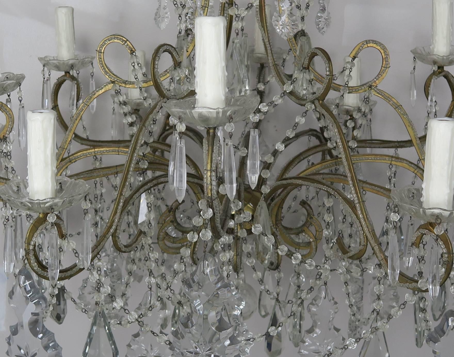 Gilt French Crystal Beaded Louis XV Style Chandelier, circa 1930s For Sale