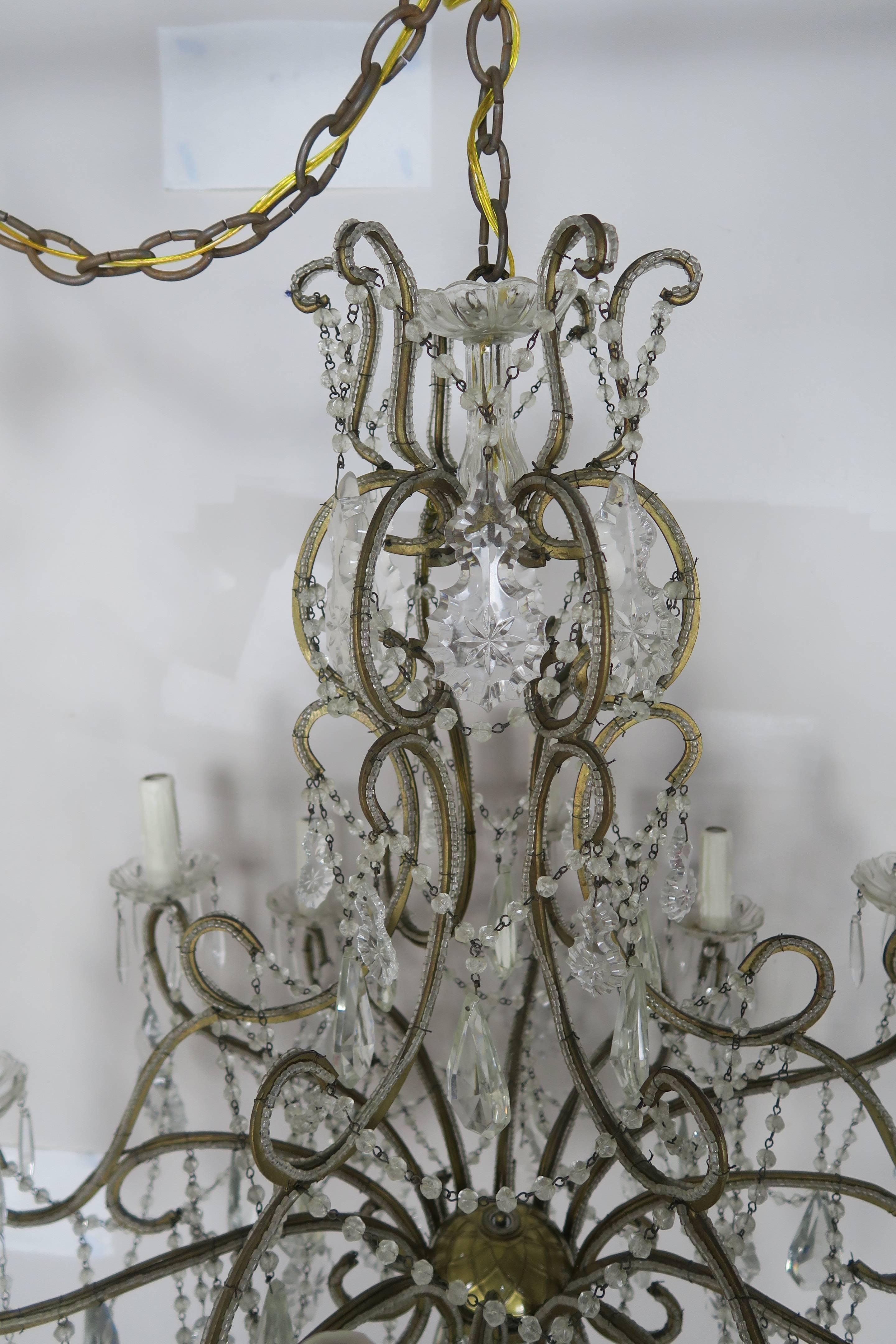 French Crystal Beaded Louis XV Style Chandelier, circa 1930s In Excellent Condition For Sale In Los Angeles, CA