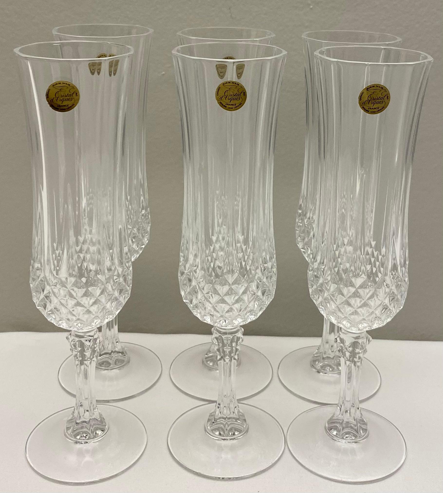 20th Century French Crystal Champagne Flutes, Set of 6 in Original Box For Sale