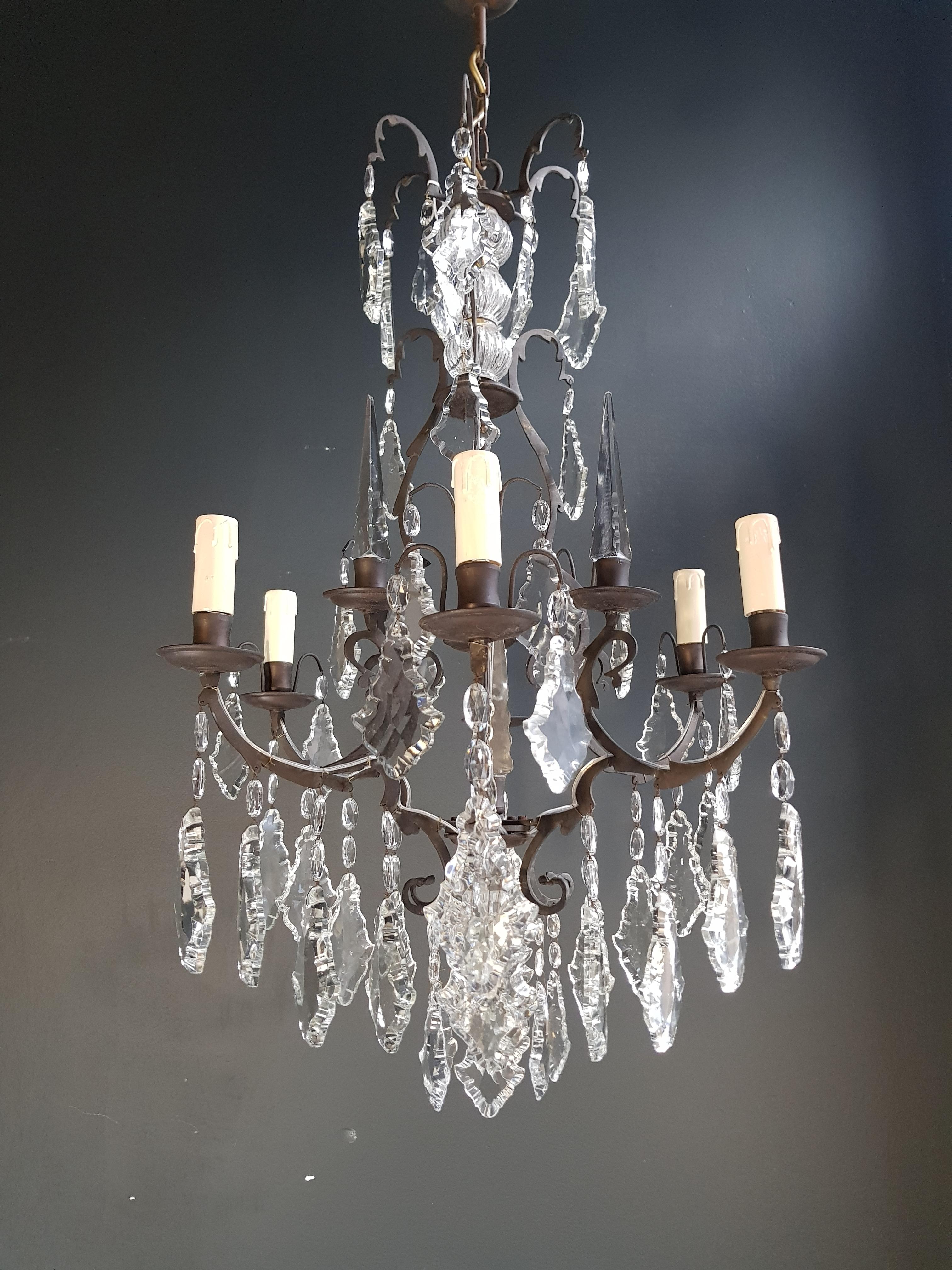 French Crystal Chandelier Antique Ceiling Black Lustre Art Nouveau Lamp Brass  5