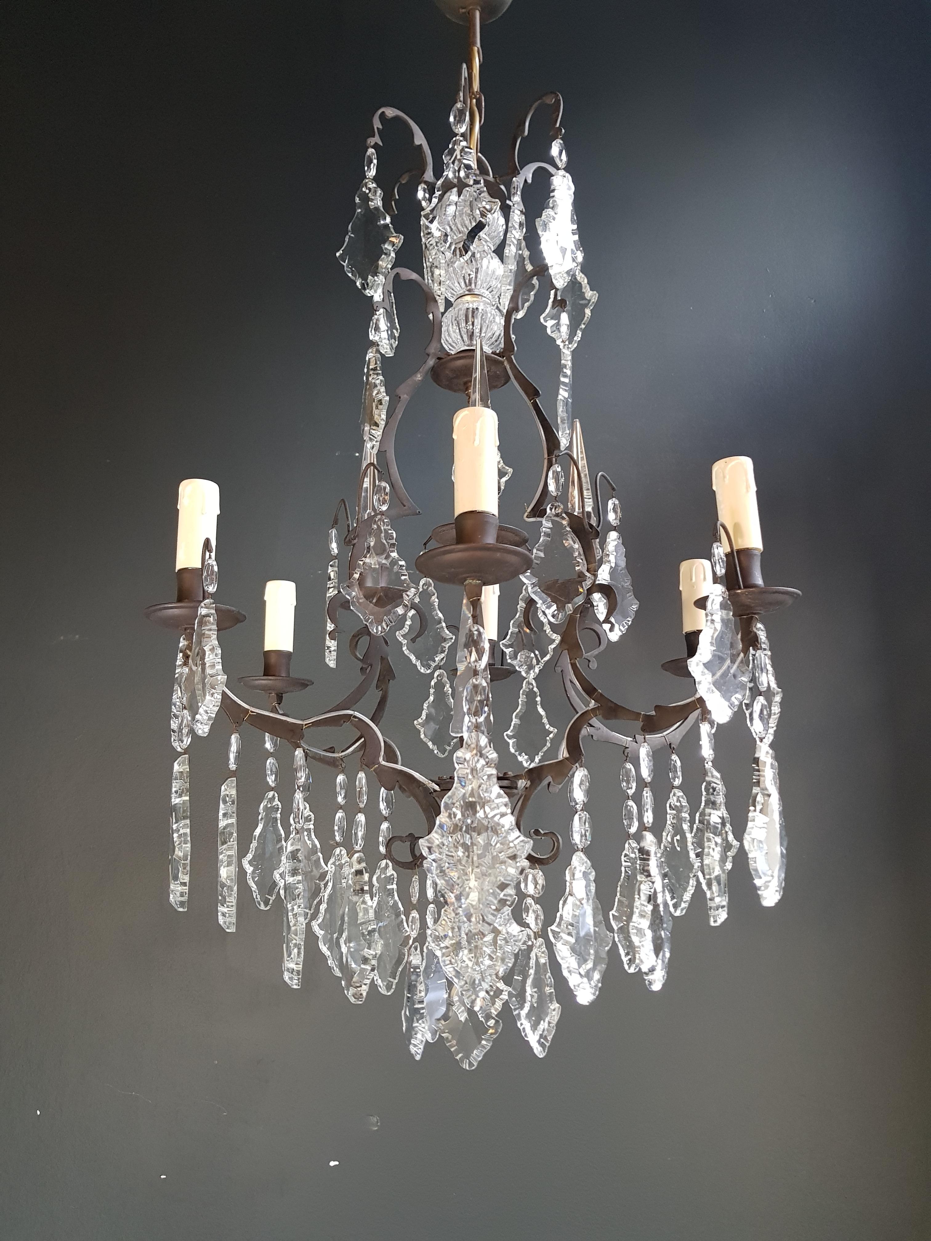 French crystal chandelier antique ceiling lamp lustre Art Nouveau lamp.

Old chandelier with love and professionally restored in Berlin. electrical wiring works in the US.
Re-wired and ready to hang.
New electricity! New cable! New sockets!
Total