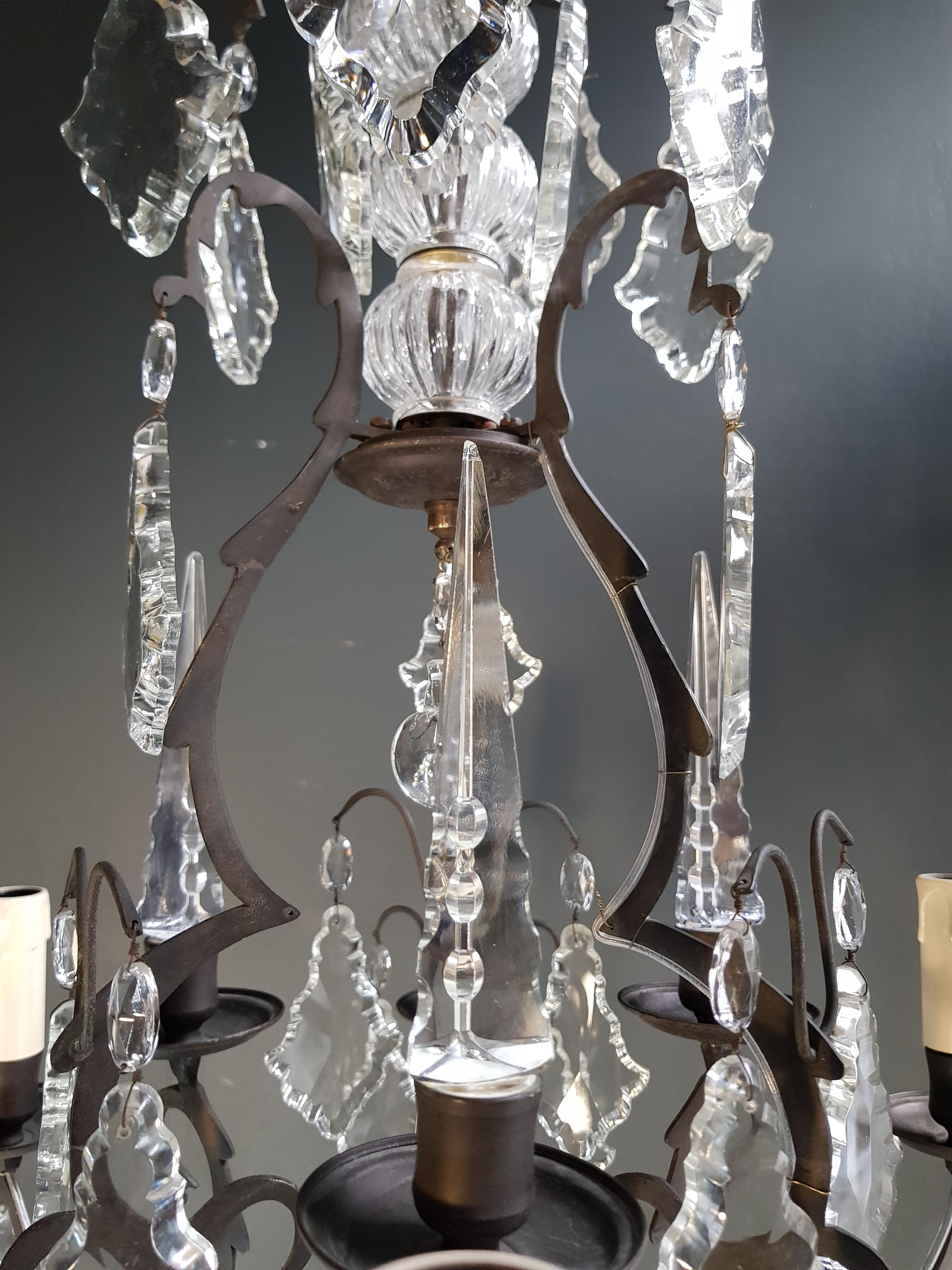French Crystal Chandelier Antique Ceiling Black Lustre Art Nouveau Lamp Brass  In Good Condition In Berlin, DE