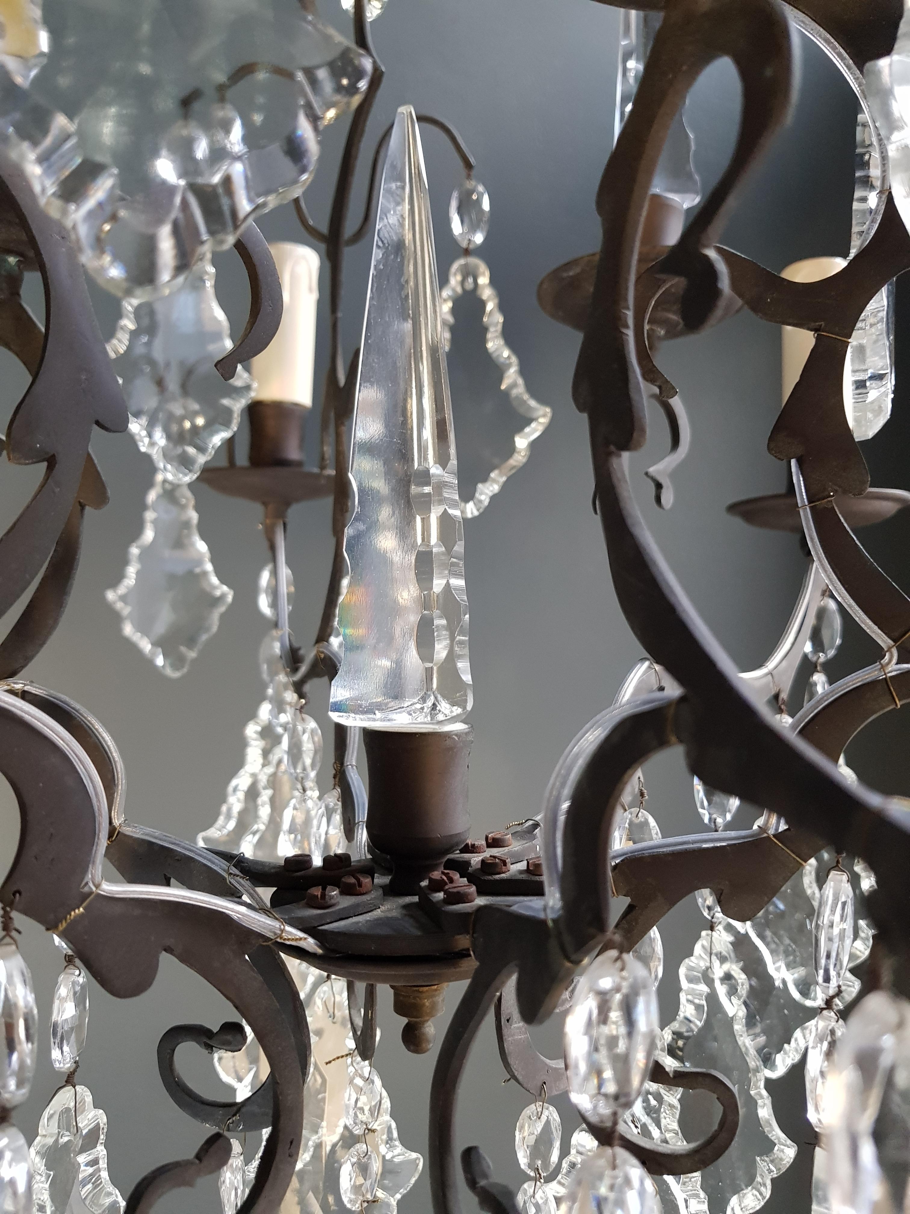 Mid-20th Century French Crystal Chandelier Antique Ceiling Black Lustre Art Nouveau Lamp Brass 