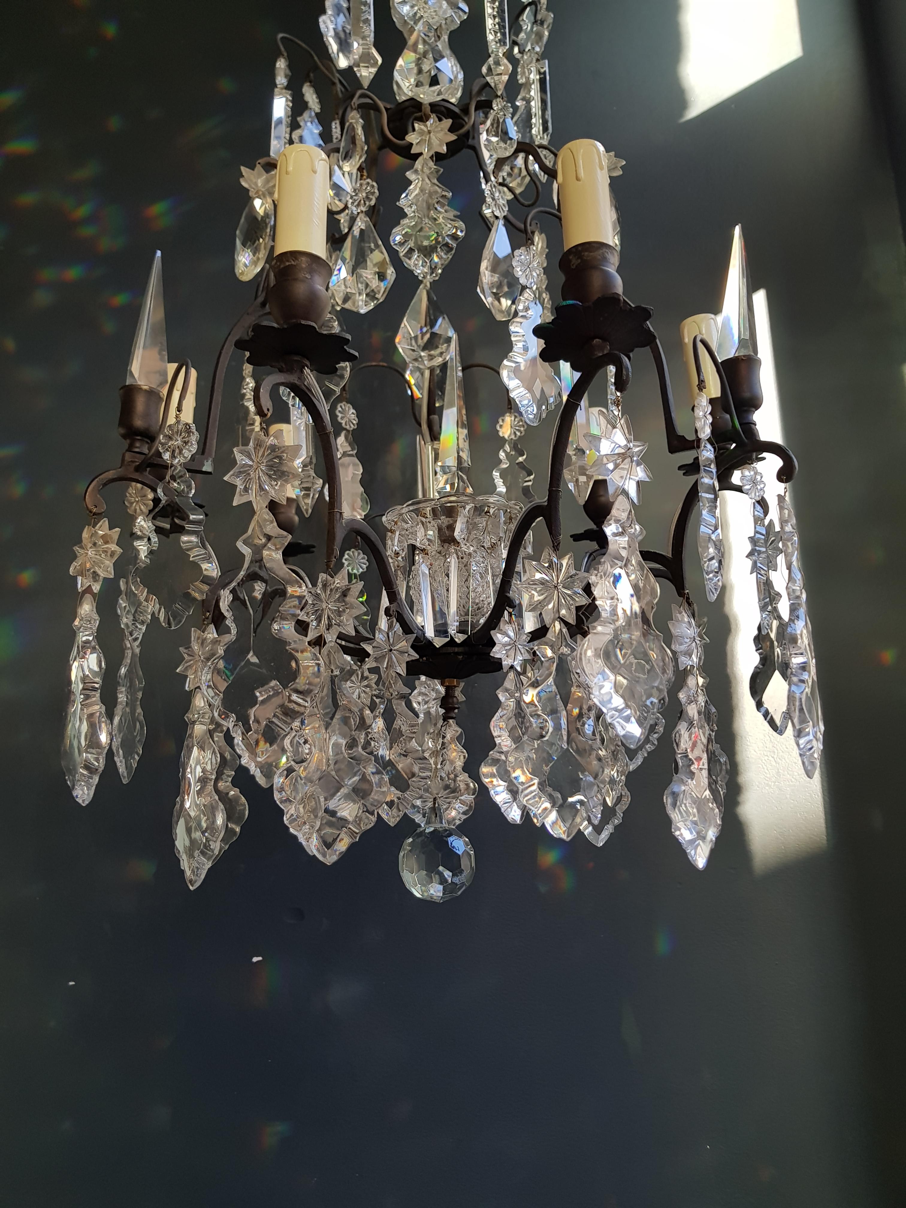 Mid-20th Century French Crystal Chandelier Antique Ceiling Lamp Lustre Art Nouveau Lamp
