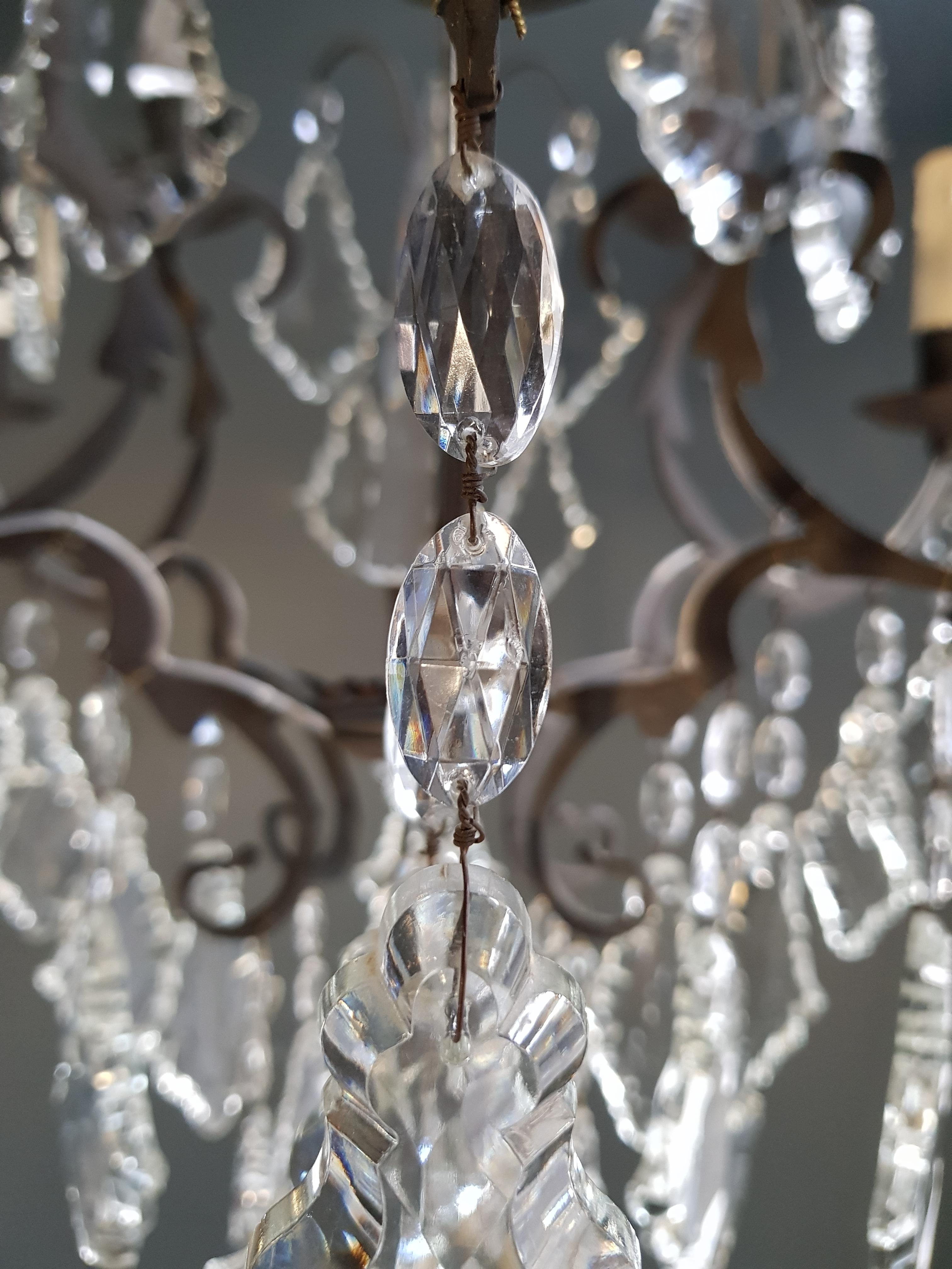 French Crystal Chandelier Antique Ceiling Black Lustre Art Nouveau Lamp Brass  1