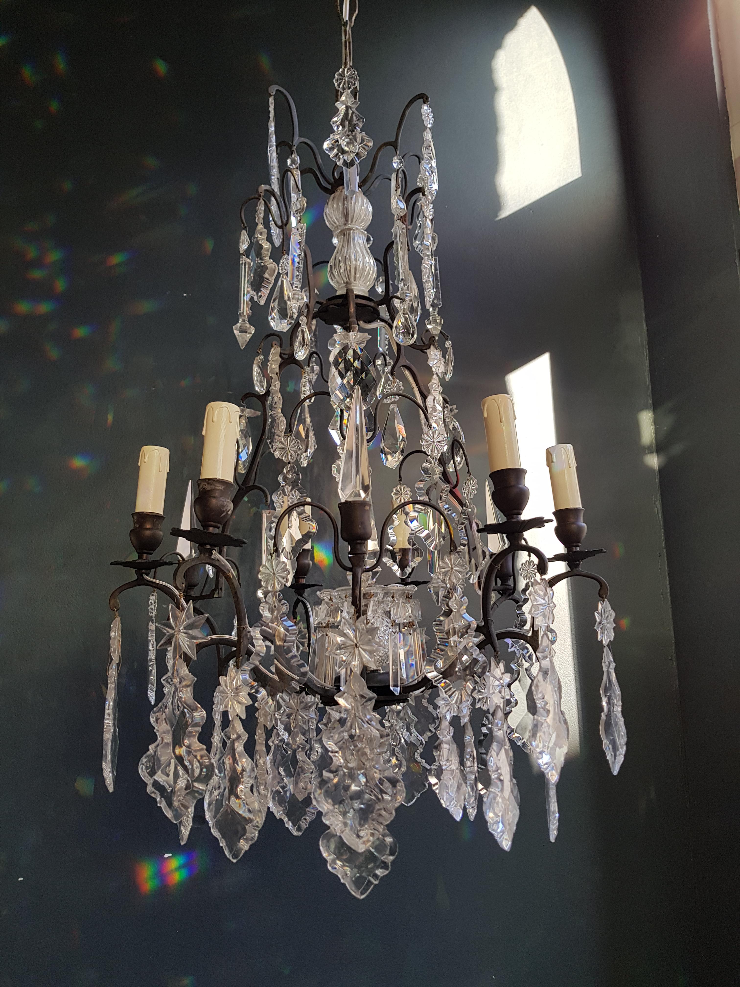 Französischer Kristall-Kronleuchter, antike Deckenleuchte, Jugendstil-Lampe (Mitte des 20. Jahrhunderts)